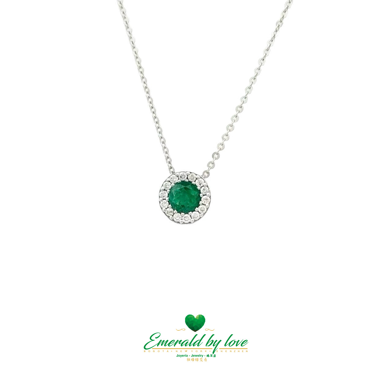 Round Colombian Emerald and Diamond Pendant in White Gold