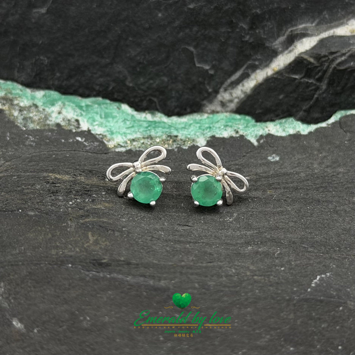 Round Emerald Bow Earrings in Sterling Silver