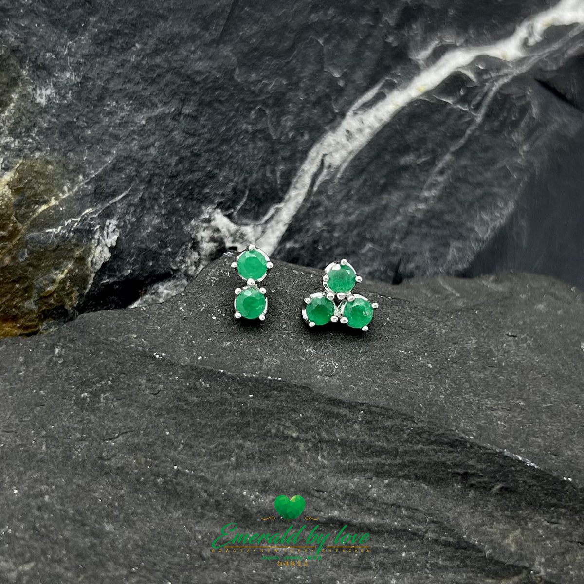 Round Emerald Drop Earrings with Asymmetrical Double Design