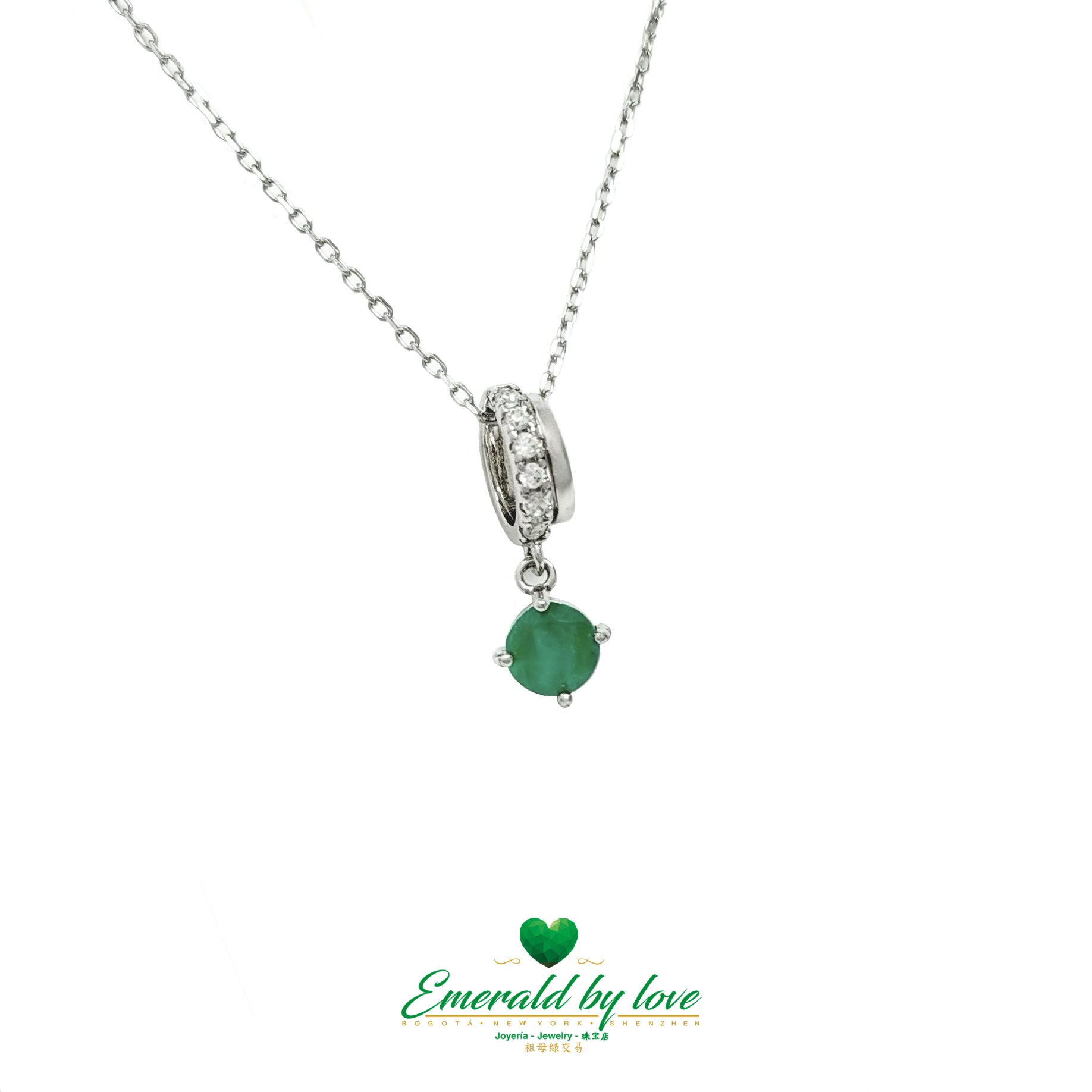 Sterling Silver Hoop Pendant with Round Emerald and White Zircon