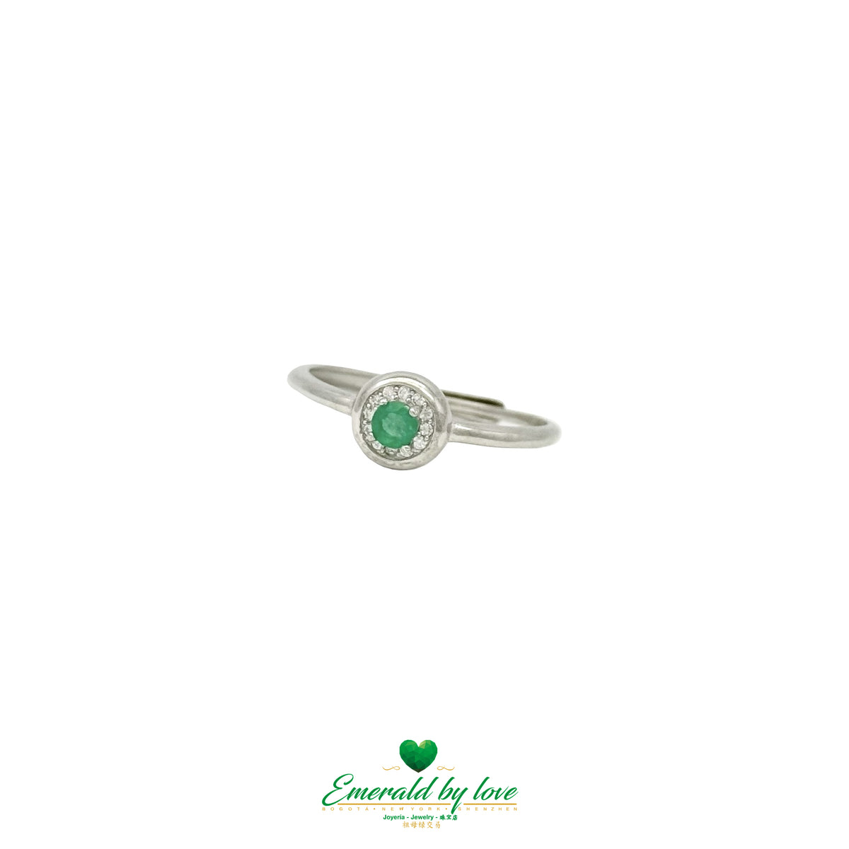 Round Marquise Halo Ring with Central Emerald & Bezel-Set Zircons