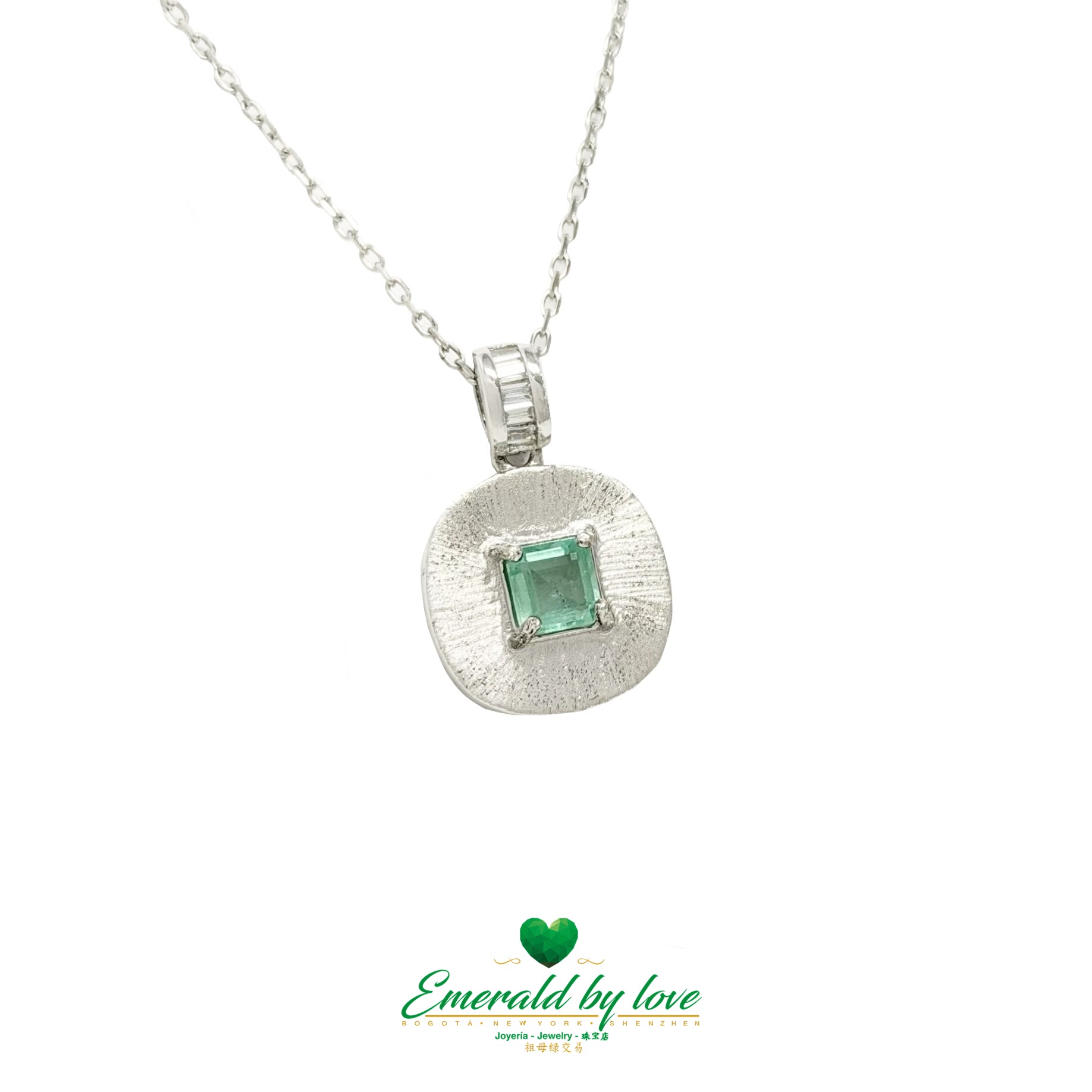 Sterling Silver Round Pendant with Square Emerald Crystal Prong Setting
