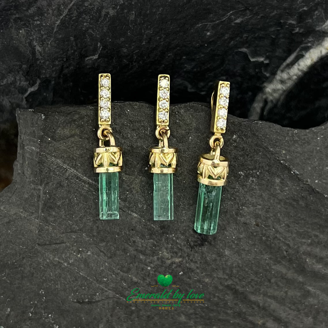 Elongated Rough Emeralds with Diamonds Encrusted in Gold Set