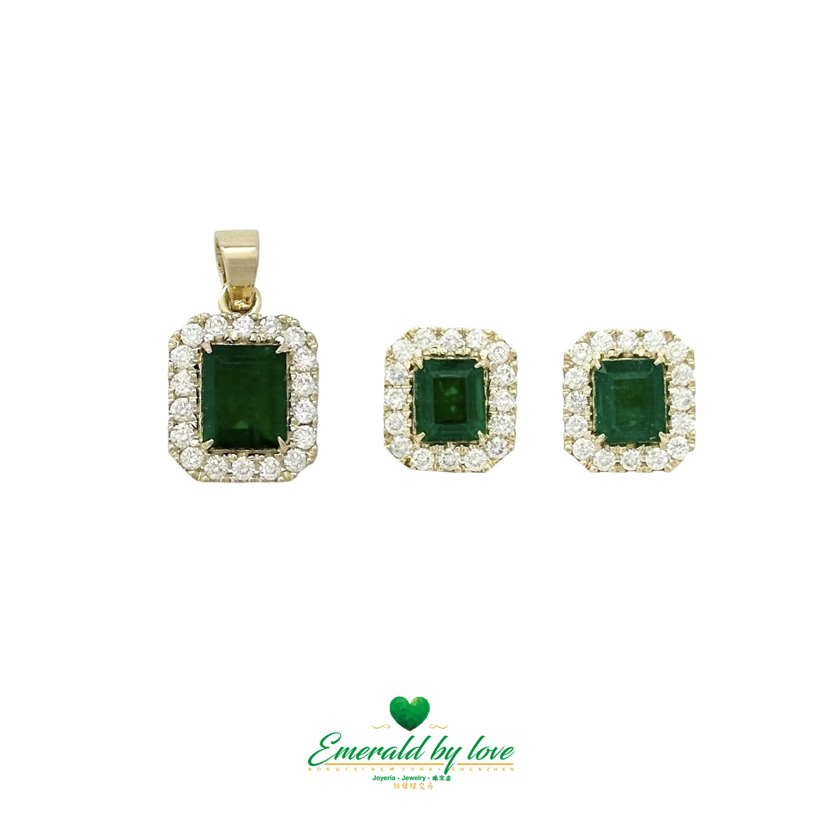 Luxury Emerald-Cut Colombian Emerald Pendant & Earrings Set with Diamond Cluster Setting
