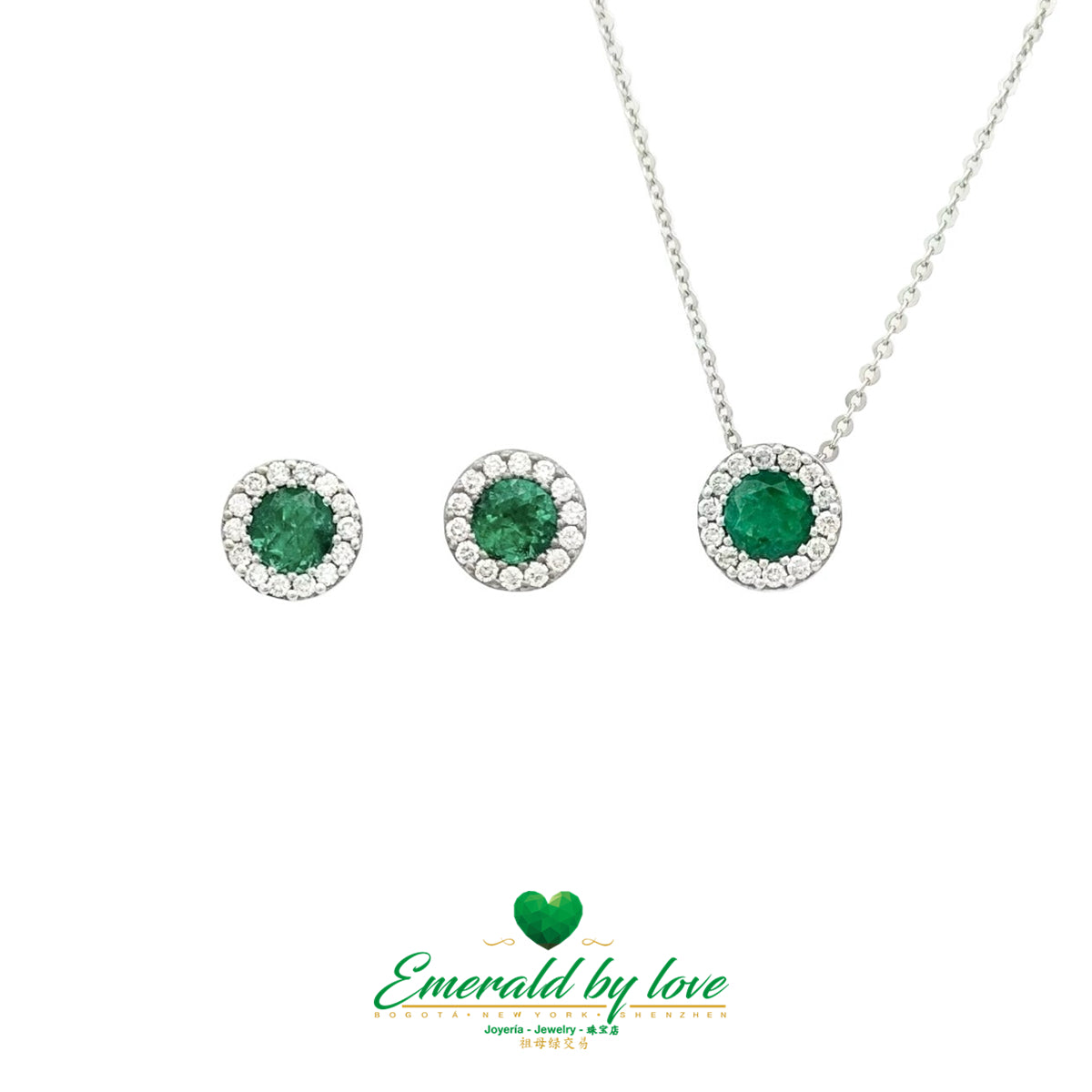White Gold Set with High-Quality Round Emeralds in Cluster Design, Surrounded by Diamonds