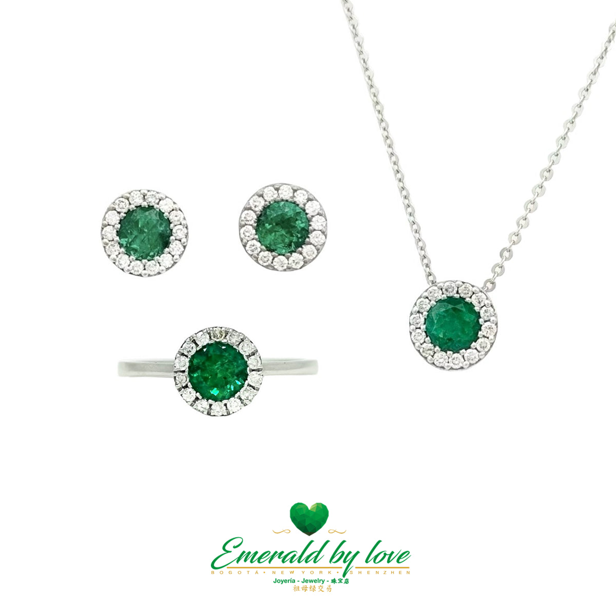 White Gold Ring, Earrings, and Pendant Set with High-Quality Round Emeralds and Diamond Accents