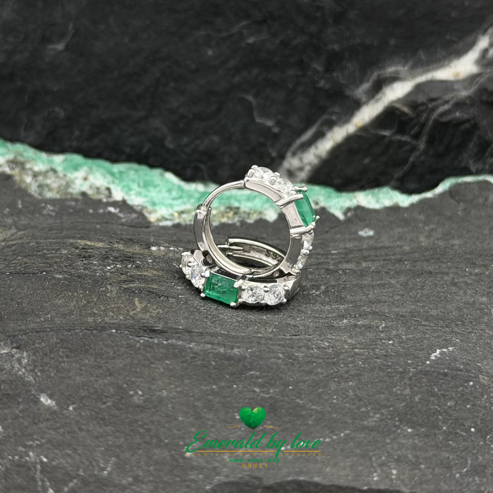 Silver Hoop Earrings Featuring Round Emeralds and Zircon Accents