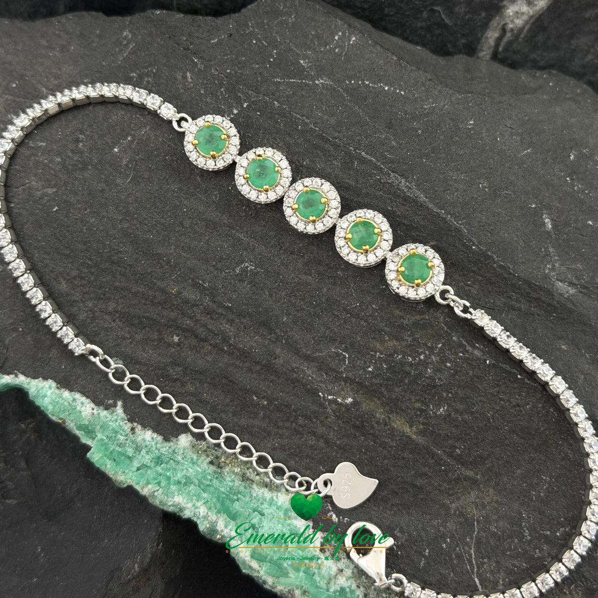 Sterling Silver Bracelet with Five Emerald-Set Round Details