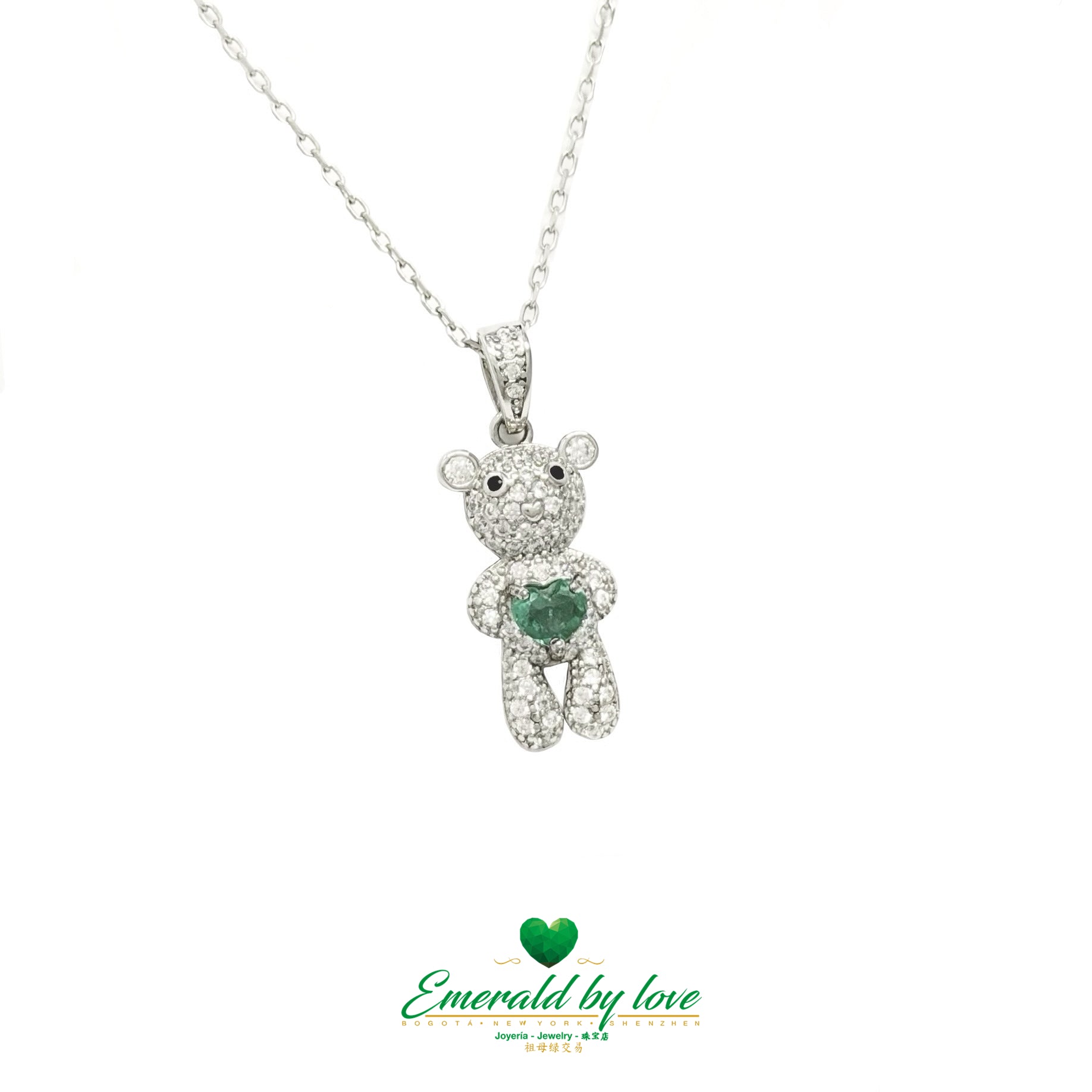 Sterling Silver Teddy Bear Pendant with Heart-Shaped Emerald