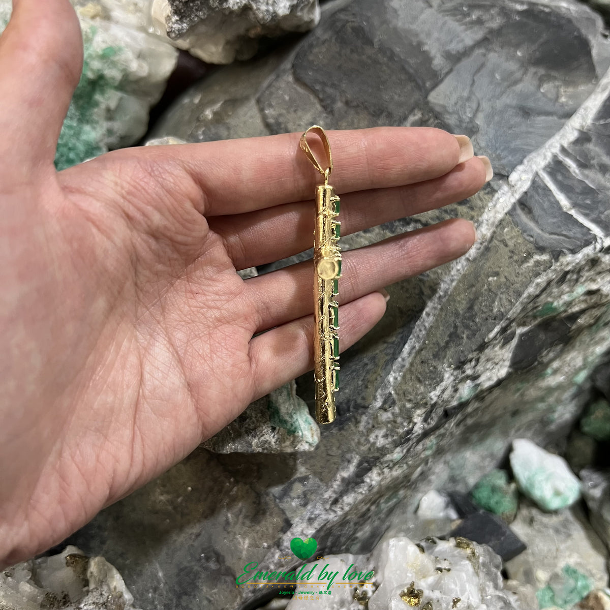 Yellow Gold Tree Trunk Necklace Pendant with Colombian Emeralds