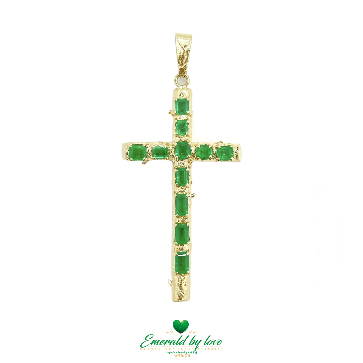 Yellow Gold Tree Trunk Pendant with Emerald-Cut Colombian Emeralds