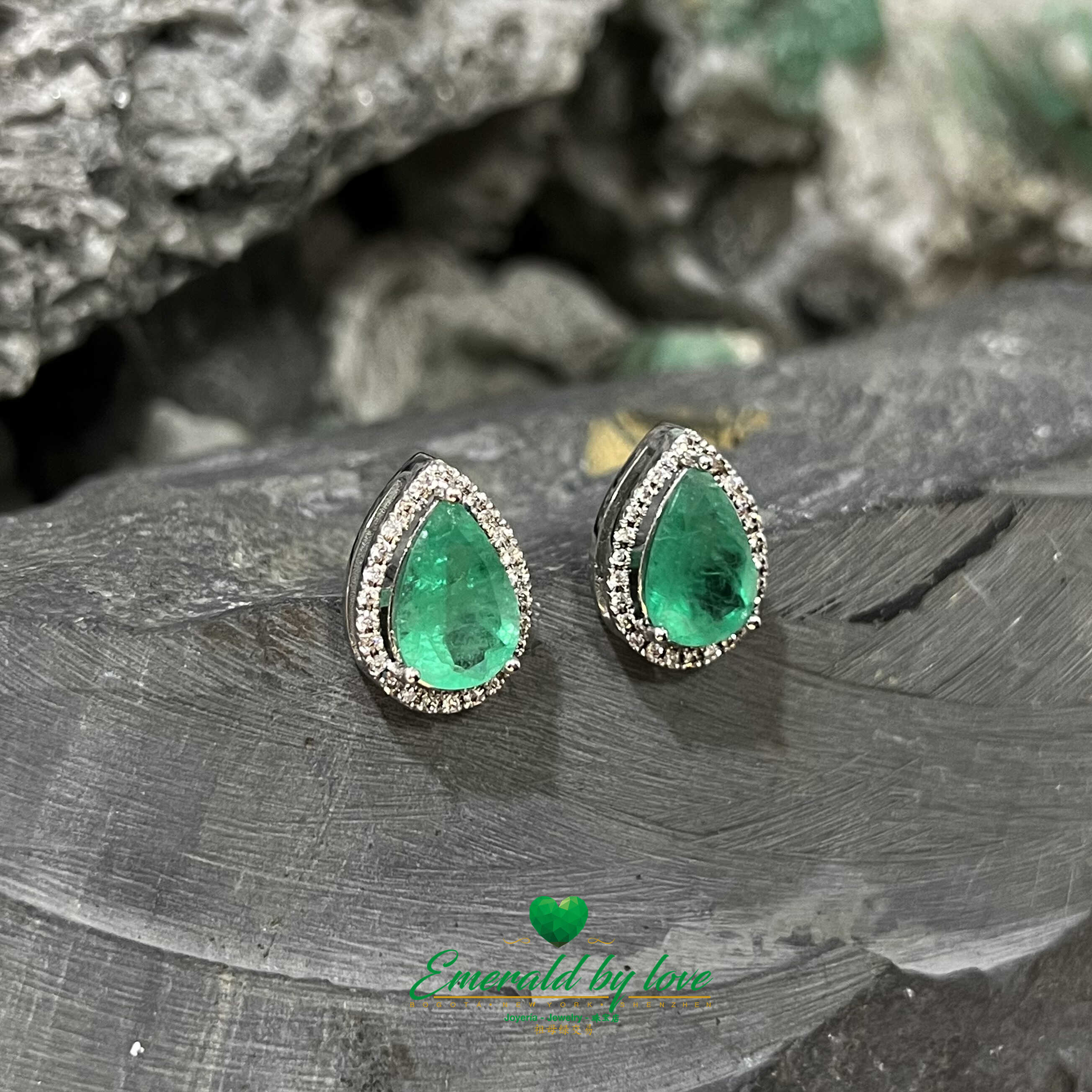 Stunning White Gold Marquise Earrings: 6.36 TCW Tear-Drop Emeralds, 0.52 CT Diamonds