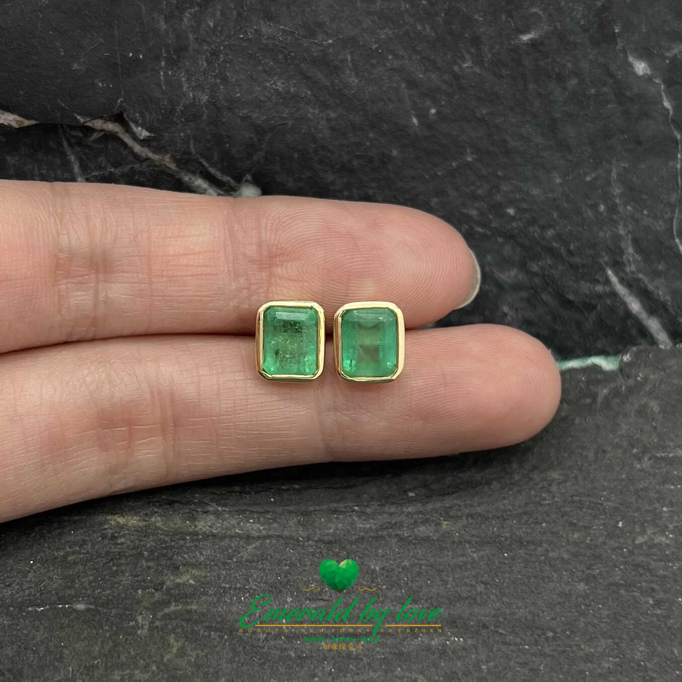 Fabulous Yellow Gold Bezel-Set Emerald Cut Emerald Earrings: 2.49 TCW