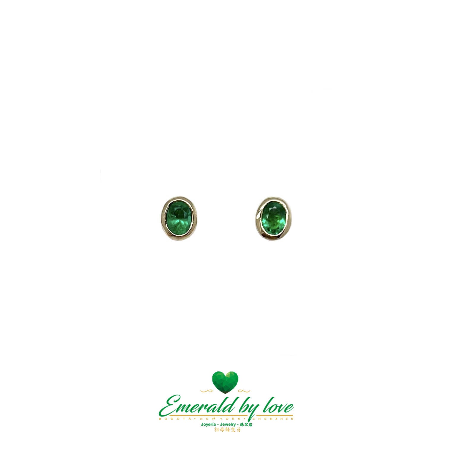 Sculpted Elegance: 18K Yellow Gold Bezel-Set Stud Earrings with 0.35 TCW Colombian Emeralds