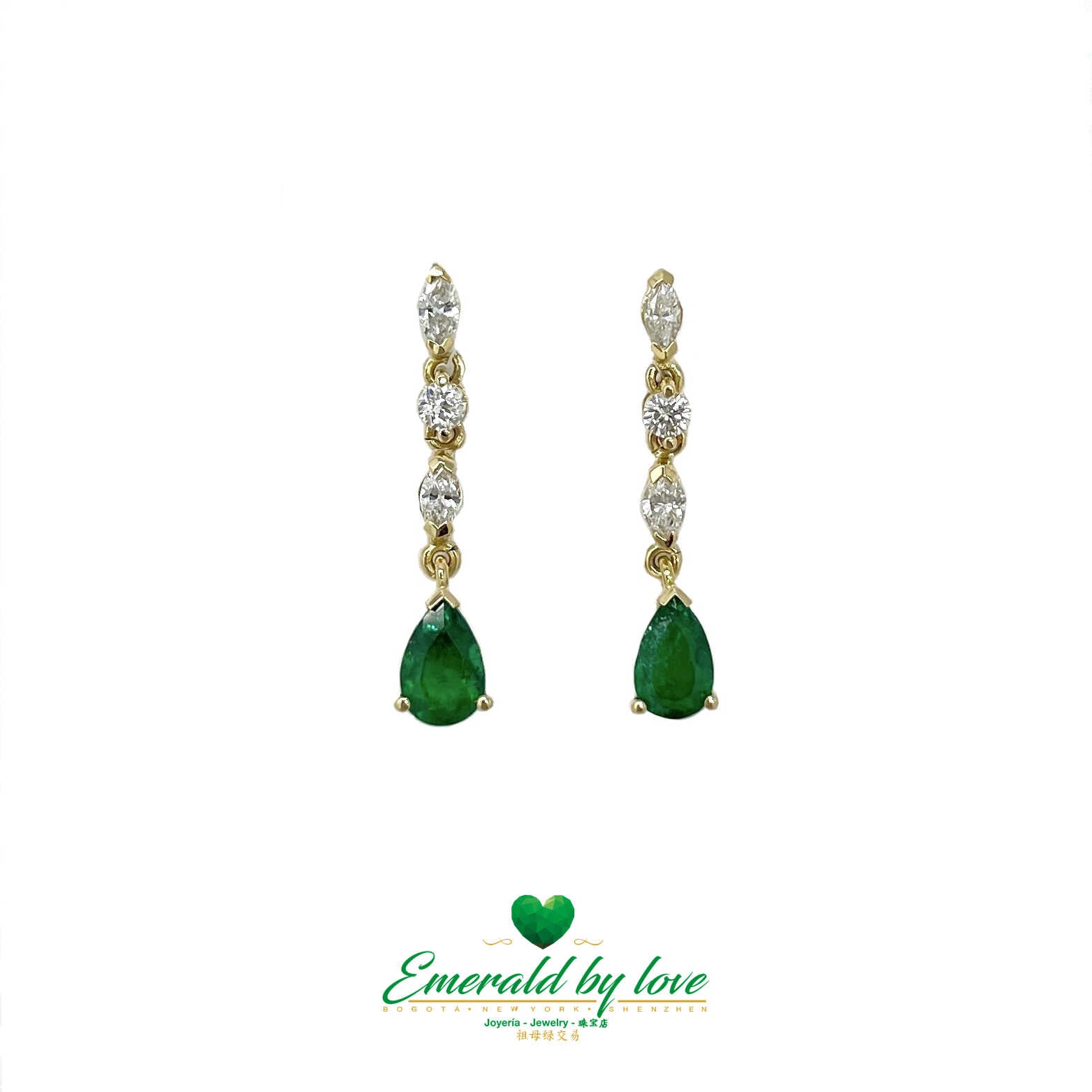 Gilded Harmony: 18K Yellow Gold Earrings with 1.35 TCW Pear-shaped Emeralds - Diamonds