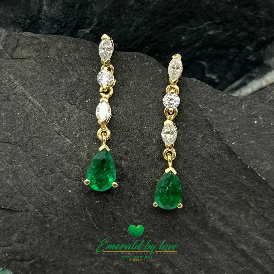 Gilded Harmony: 18K Yellow Gold Earrings with 1.35 TCW Pear-shaped Emeralds - Diamonds