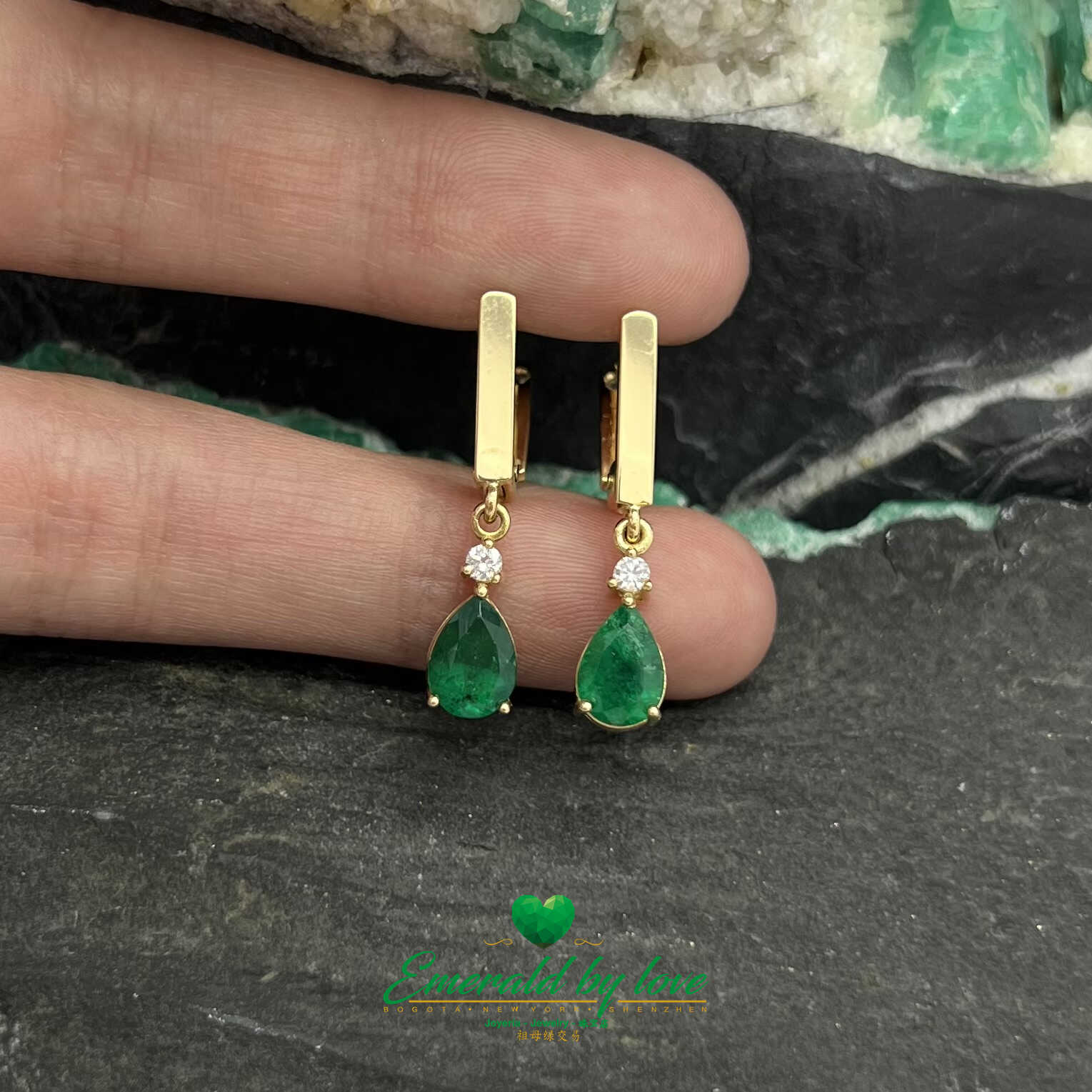 Radiant Cascades - 18k Yellow Gold Long Teardrop Emerald Earrings