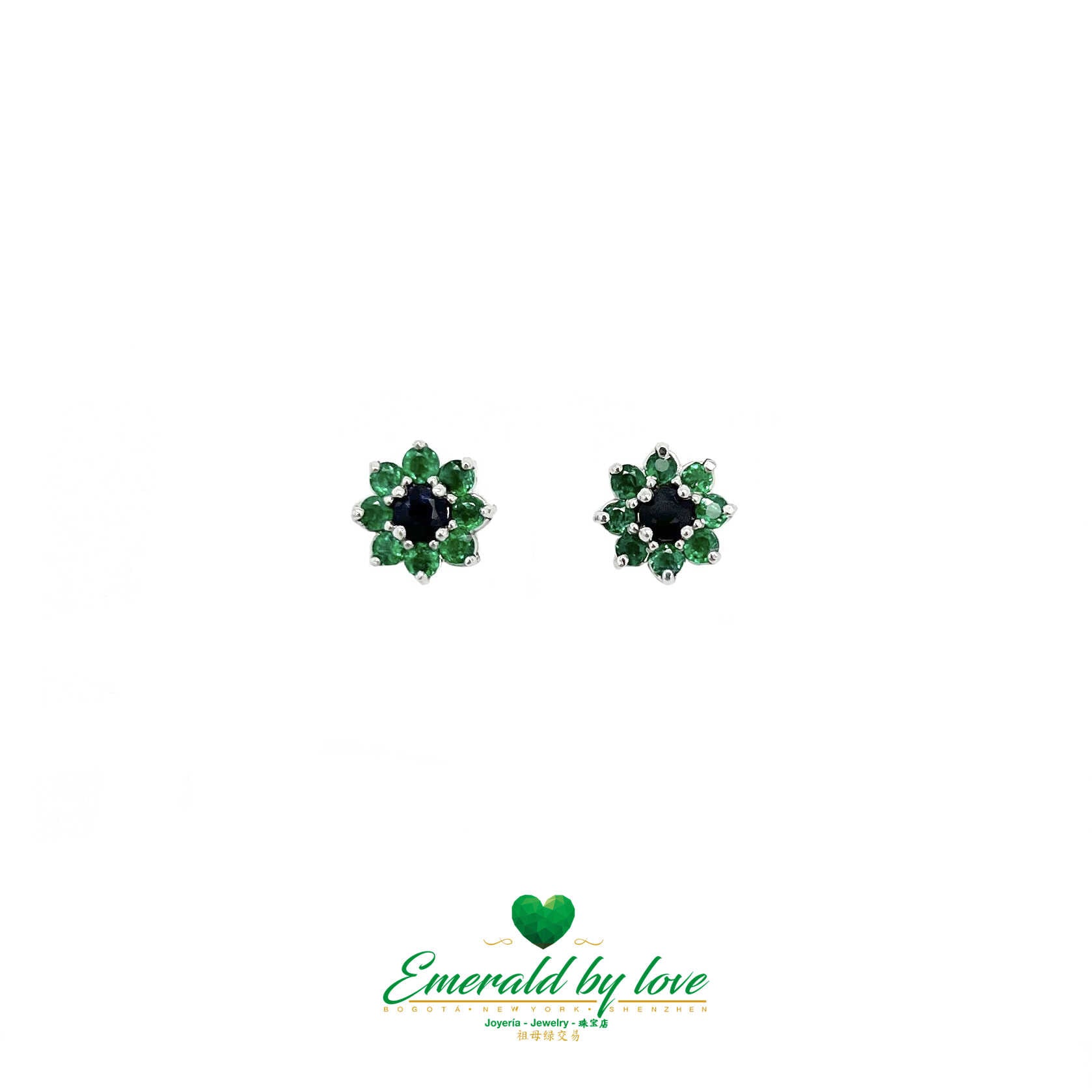 Whimsical Blooms - 18k White Gold Floral Earrings with Sapphires (0.33 CT) and Round Emeralds (0.43 CT)
