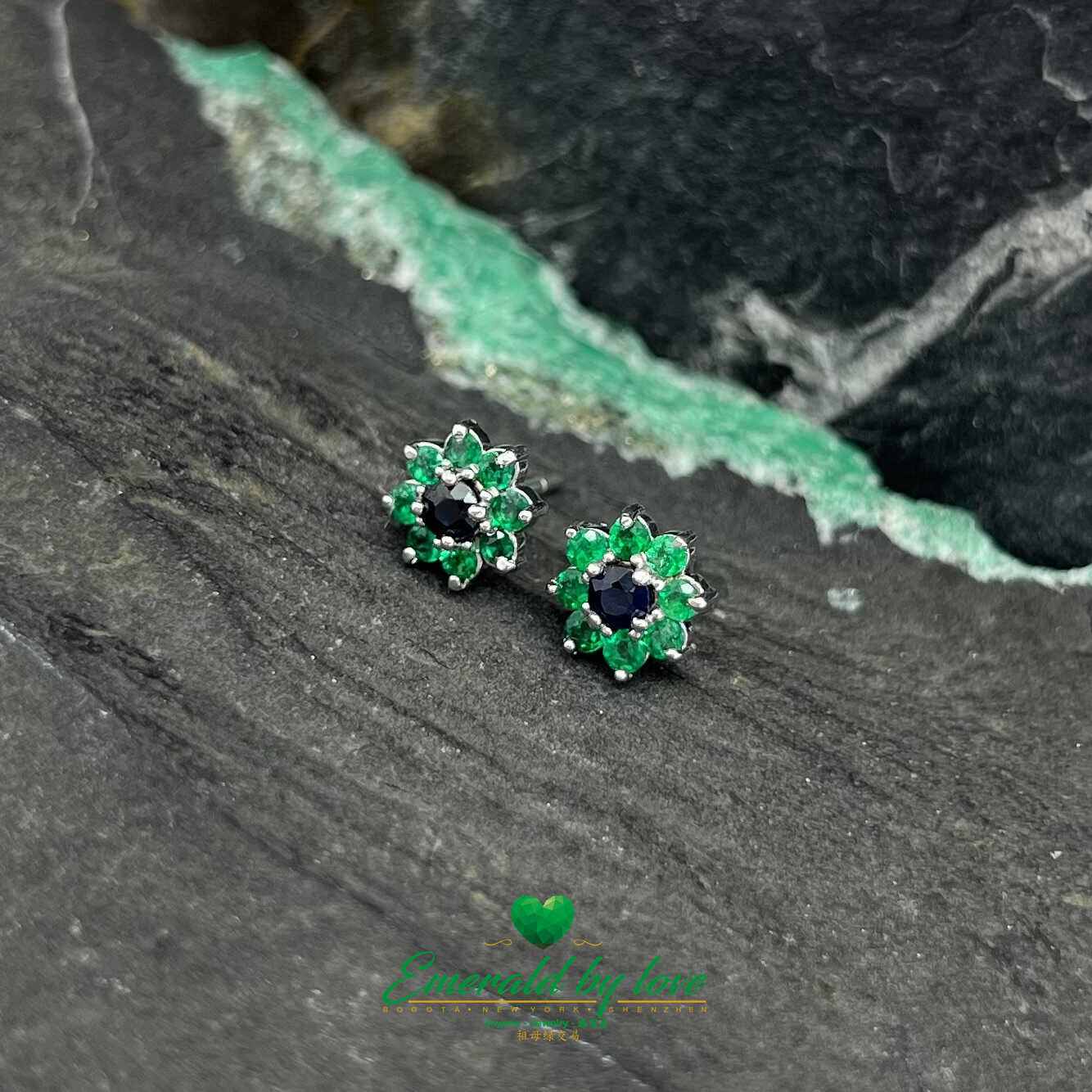 Whimsical Blooms - 18k White Gold Floral Earrings with Sapphires (0.33 TCW) and Round Emeralds (0.43 TCW)