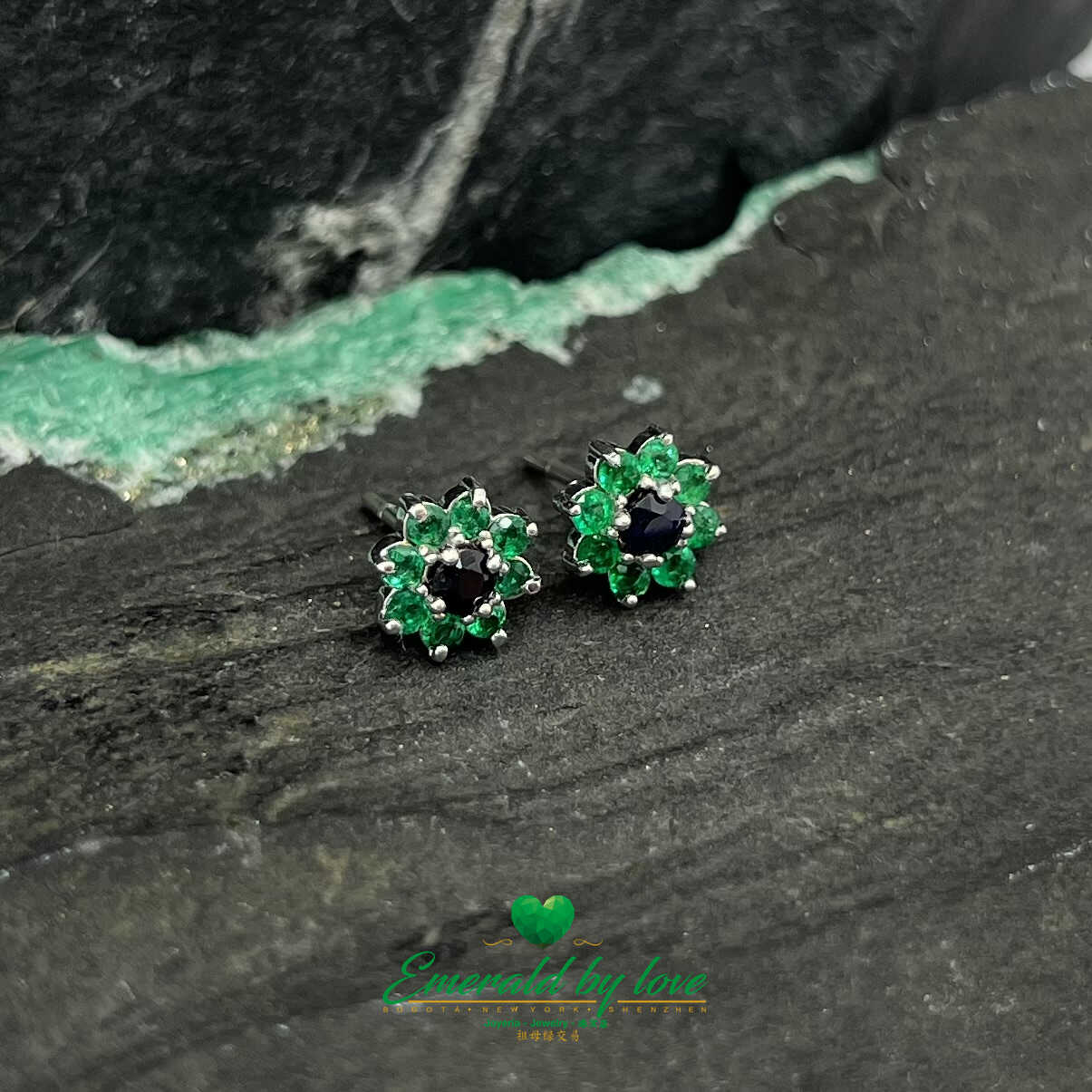 Whimsical Blooms - 18k White Gold Floral Earrings with Sapphires (0.33 TCW) and Round Emeralds (0.43 TCW)