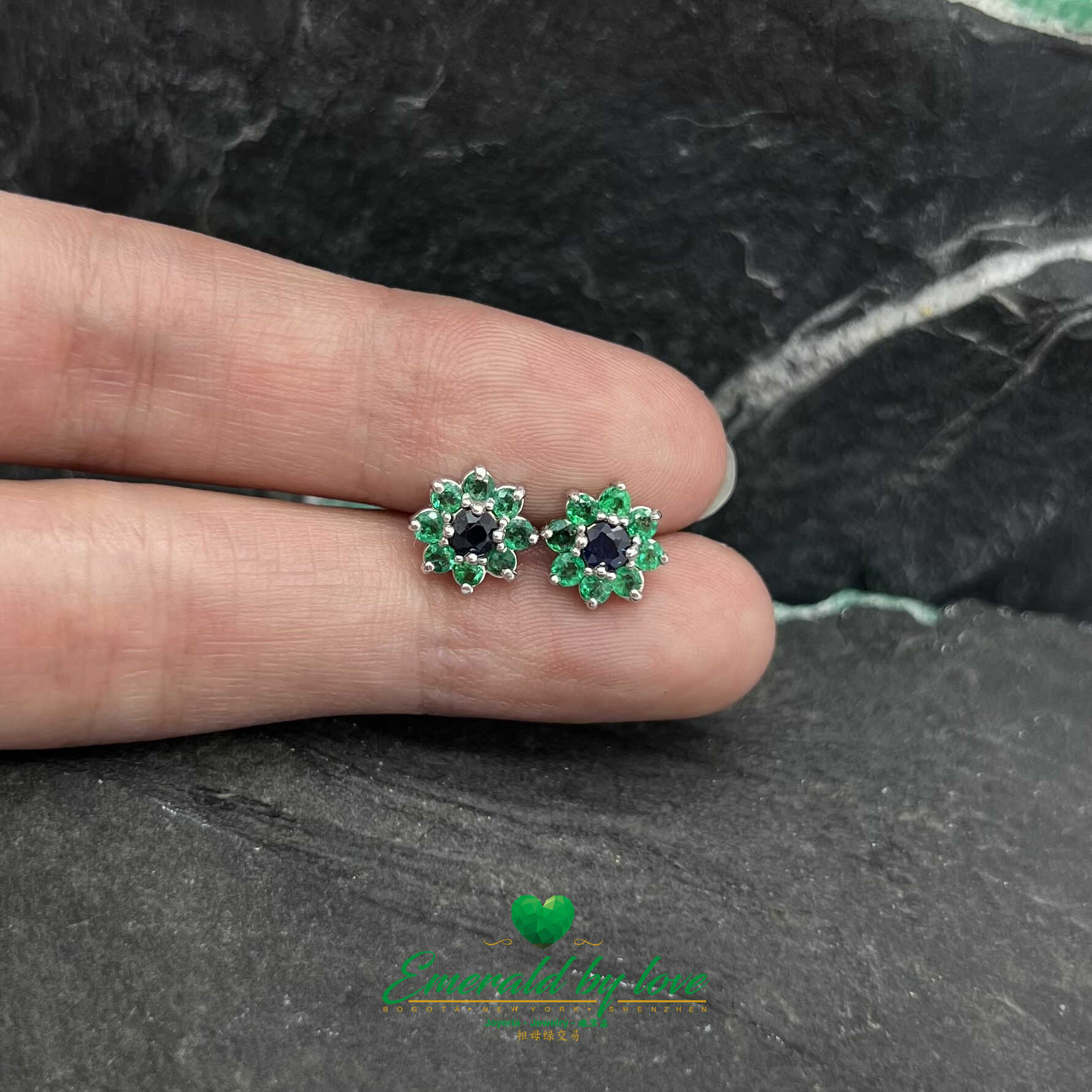 Whimsical Blooms - 18k White Gold Floral Earrings with Sapphires (0.33 TCW) and Round Emeralds (0.43 TCW)