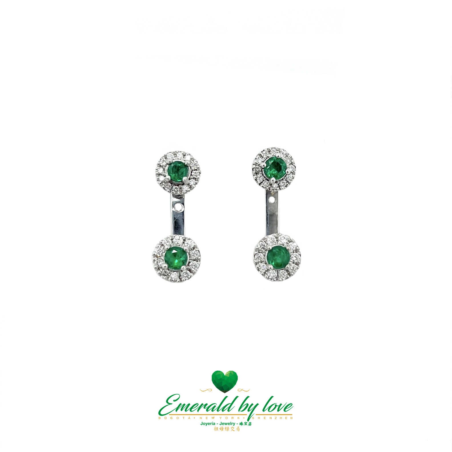 White Gold Earrings with Round Emeralds and Diamonds