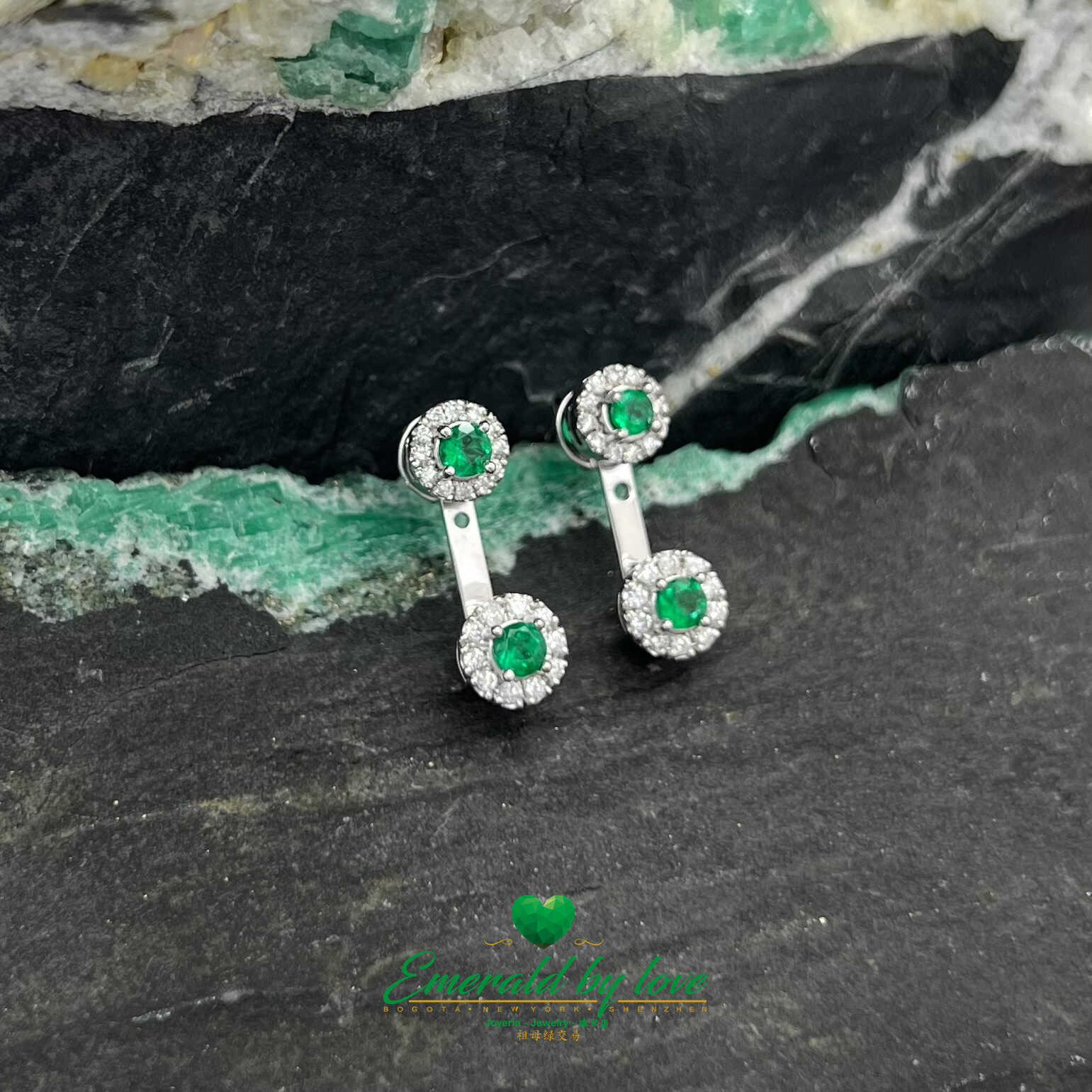 White Gold Earrings with Round Emeralds and Diamonds