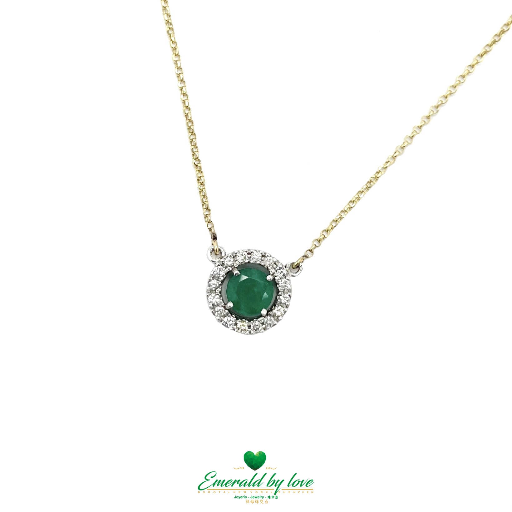 Pendentif en or blanc 18 carats avec émeraude ronde, 16 diamants
