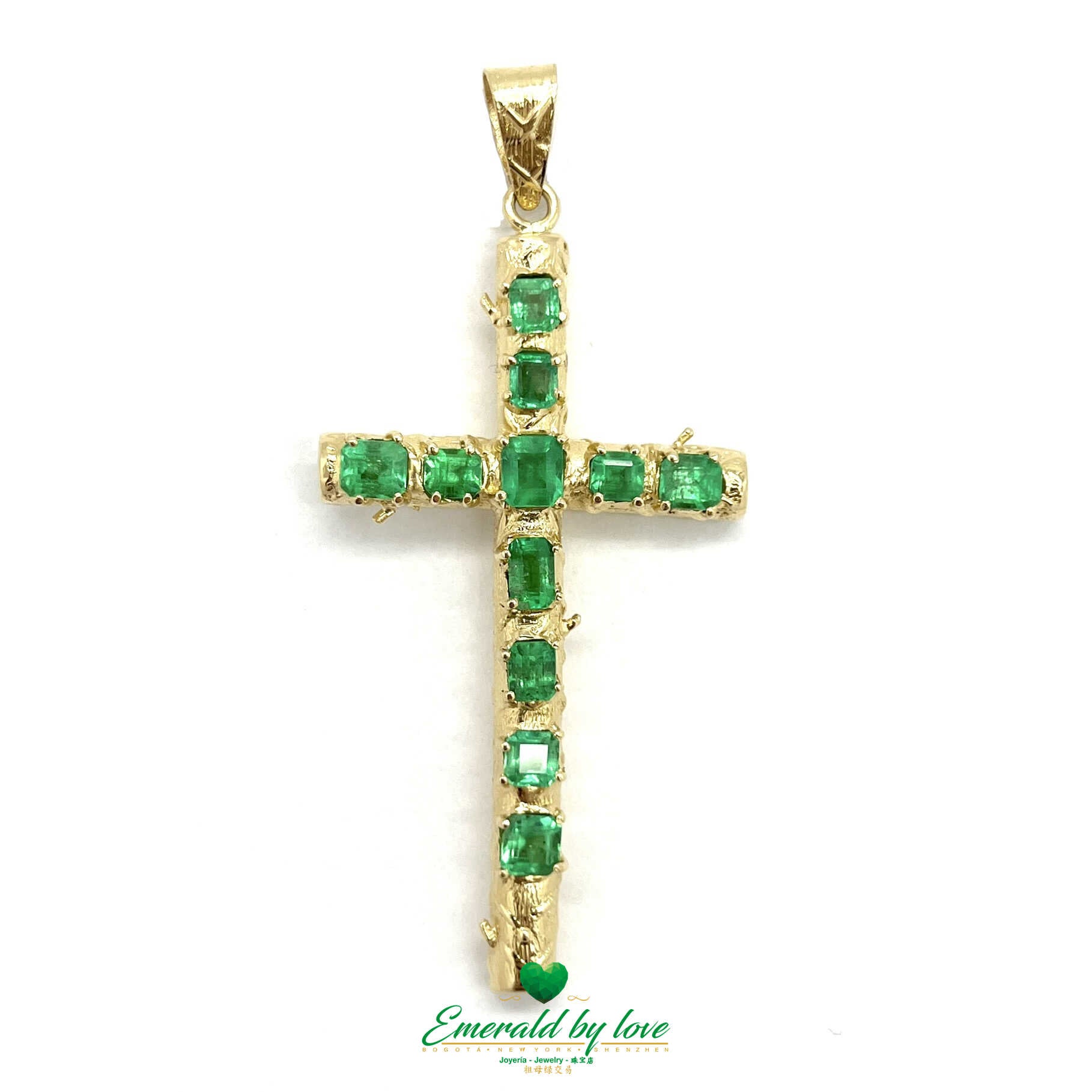 Intriguing 18k Yellow Gold Cross Pendant with Genuine Colombian Square Emeralds