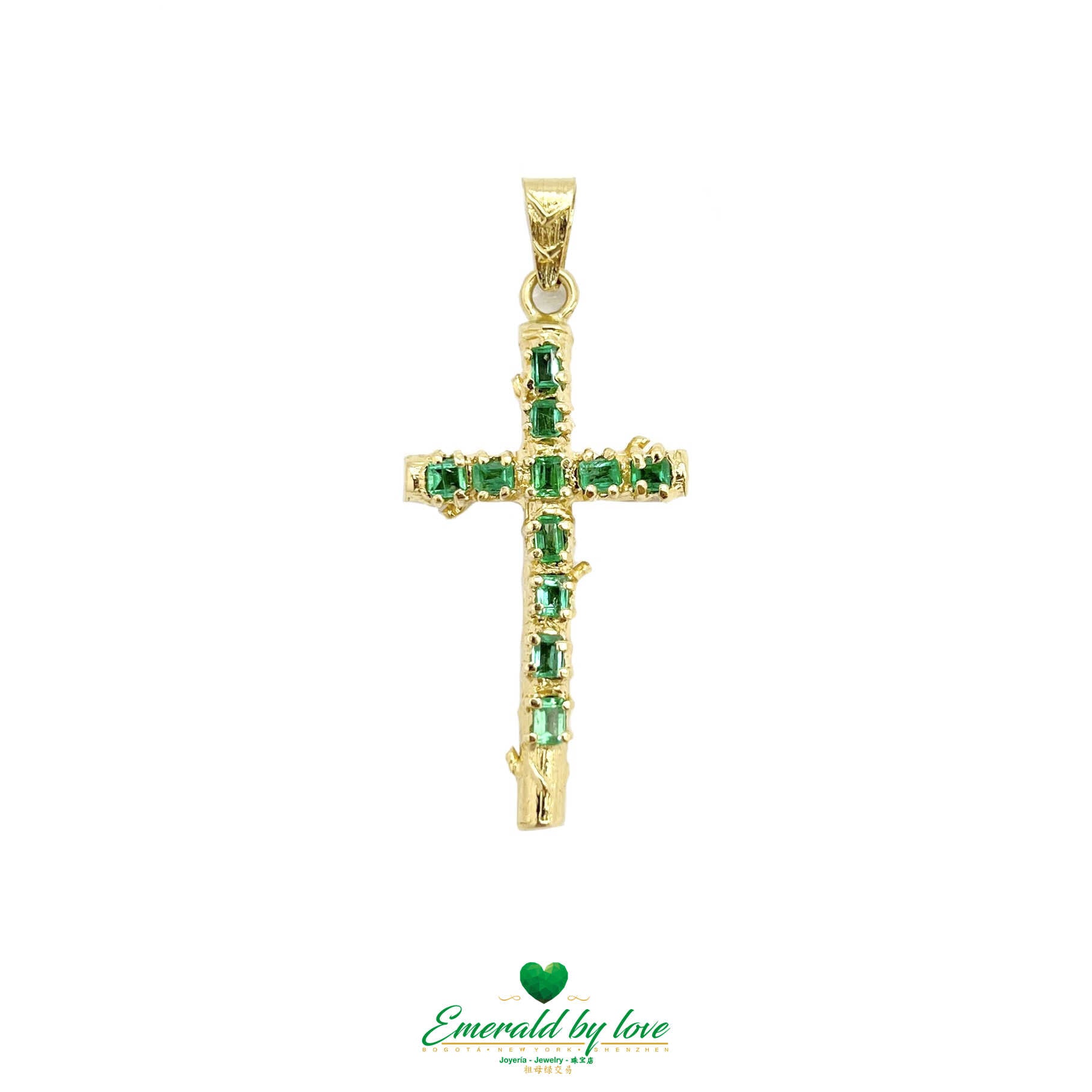 Yellow Gold Cross Pendant with Pear-Shaped Emeralds of Exceptional Color and Clarity