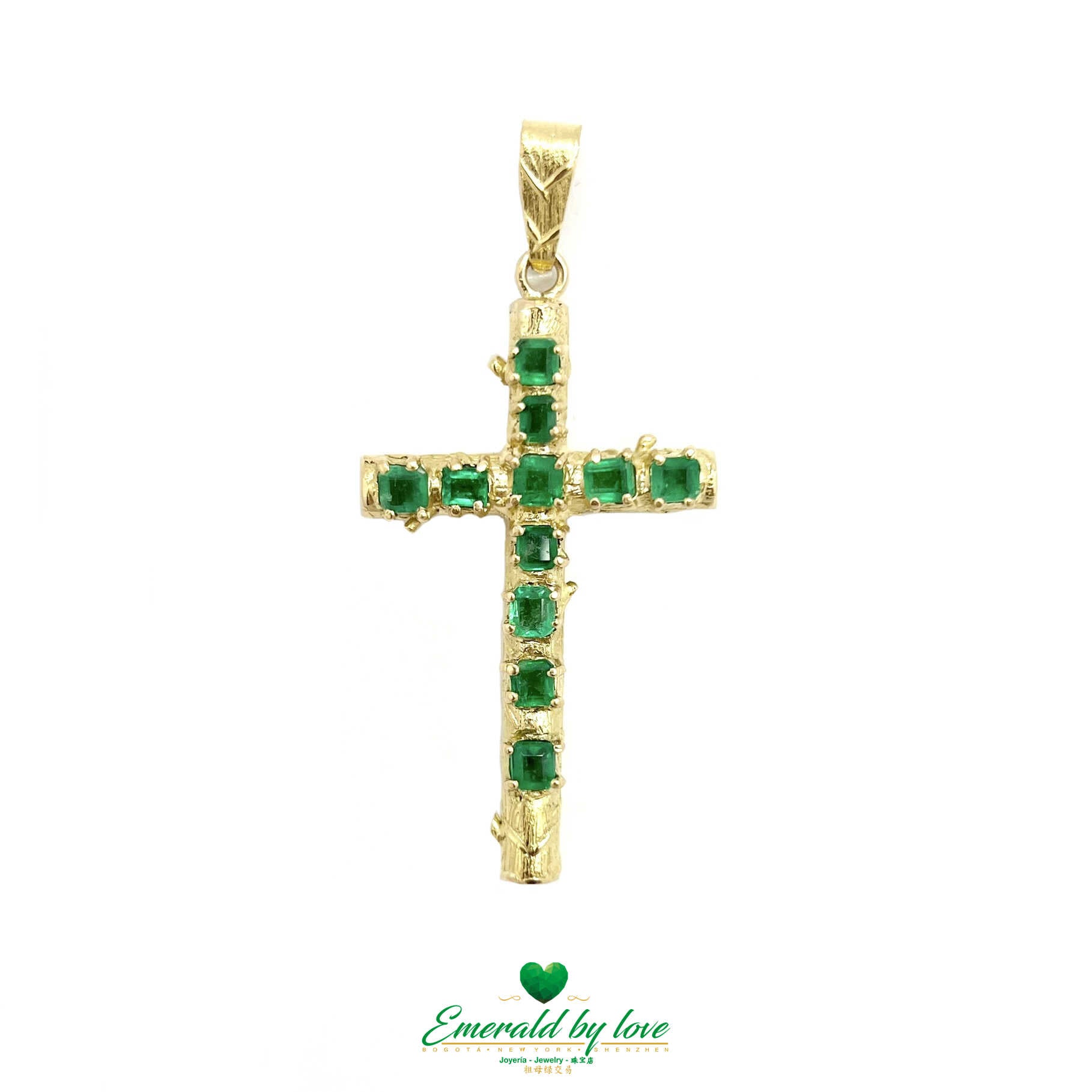 Yellow Gold Cross Pendant with Authentic Colombian Square Emeralds