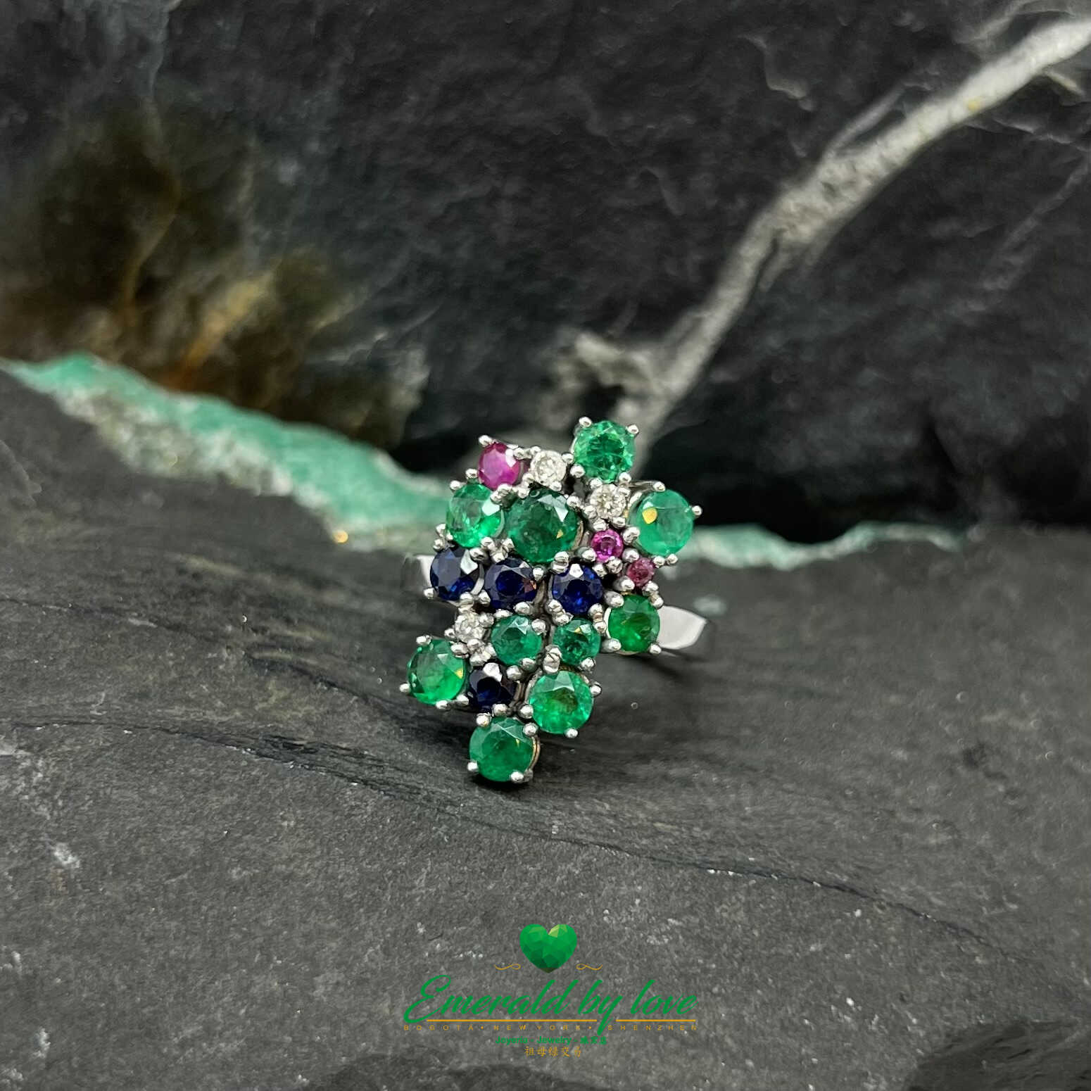 White Gold Ring with Emeralds, Sapphires, Rubies, and Diamonds