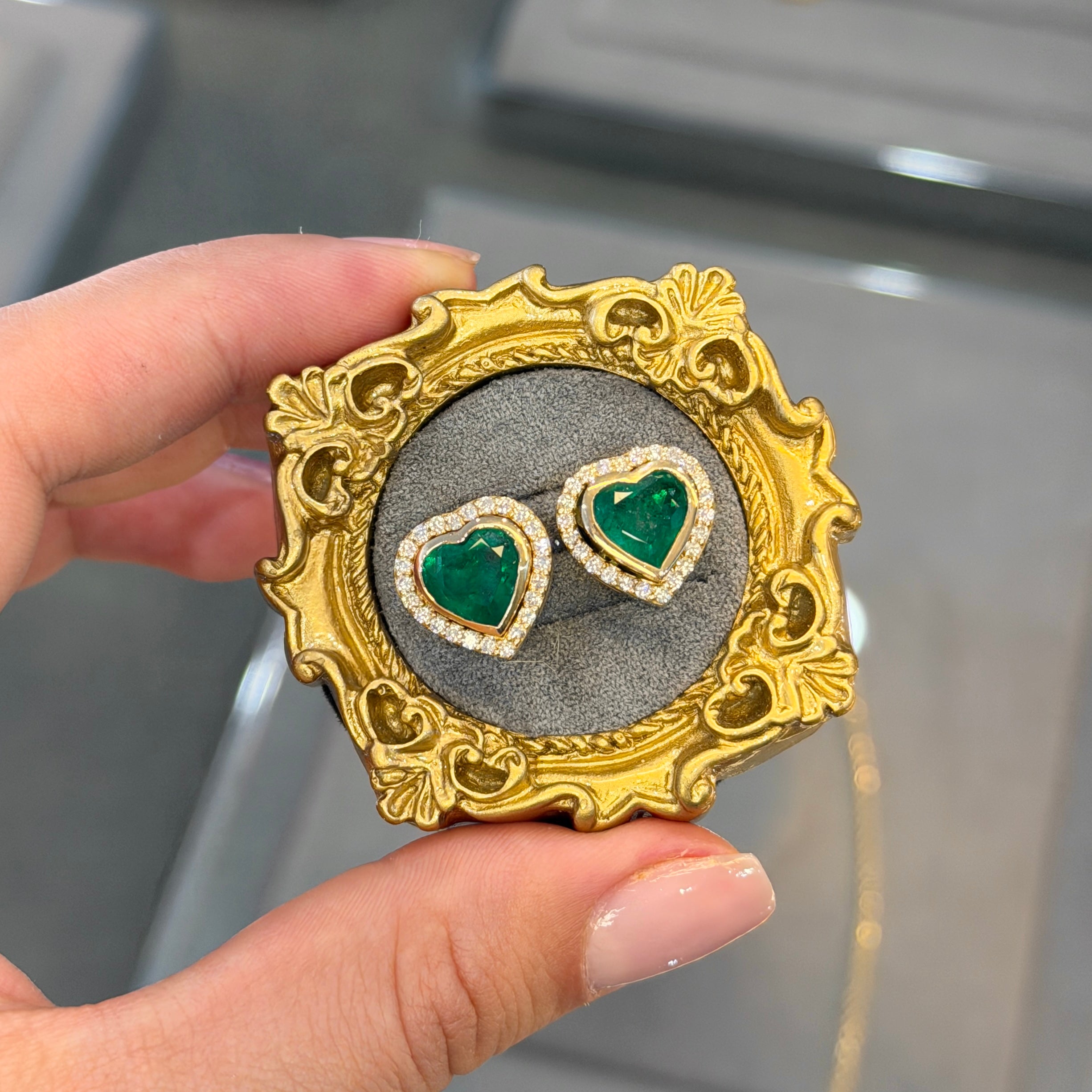 Yellow Gold Jacket Earrings with Bezel-Set Heart Emeralds and Diamonds