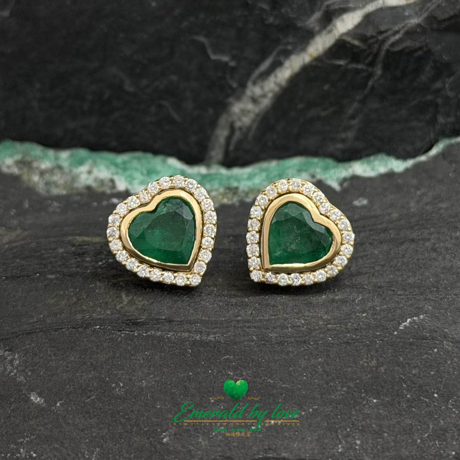 18K Yellow Gold Earrings with Bezel-Set Heart Emeralds and Diamond Accents