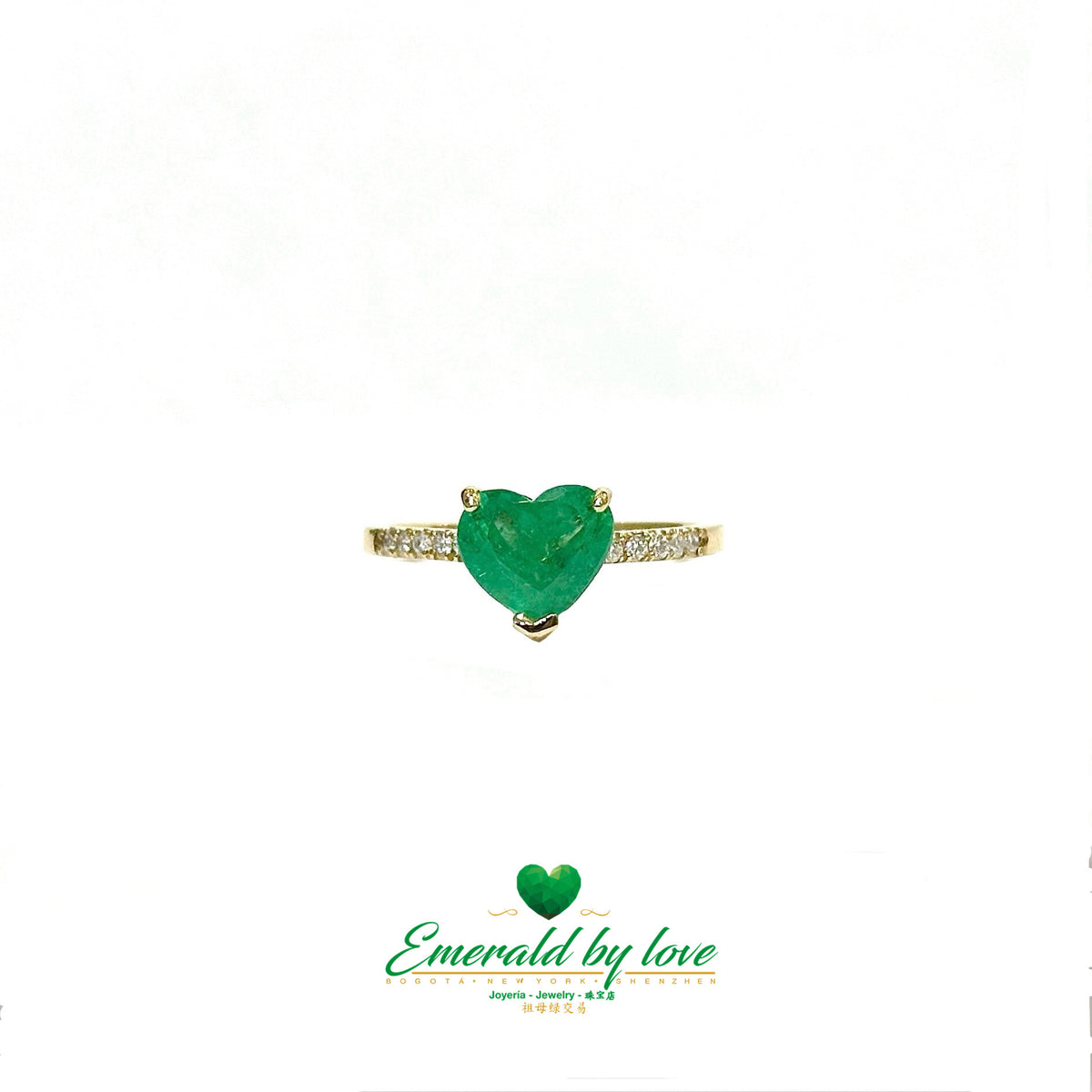 18K Yellow Gold Heart Emerald Ring with Diamond Band