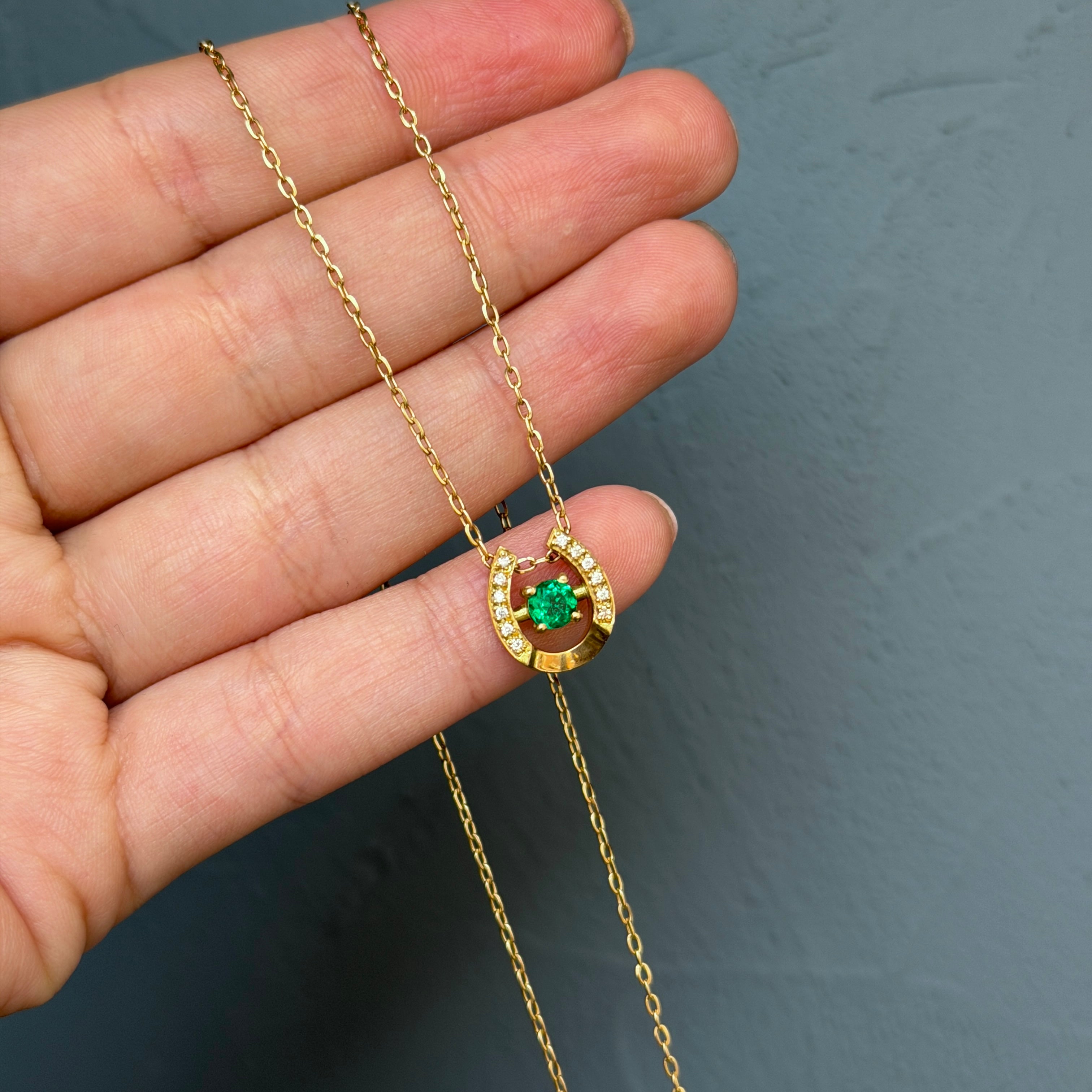 18K Yellow Gold Horseshoe Pendant with Colombian Emerald & Diamond Accents