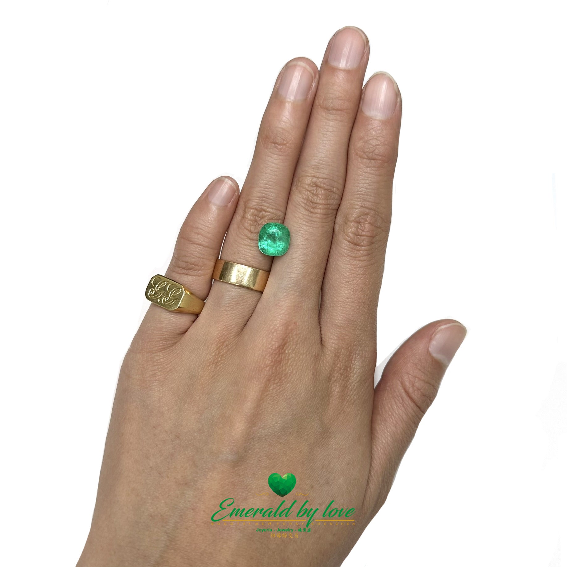 Authentic 3.43 ct Colombian emerald in cushion cut with bright green tone and natural charm