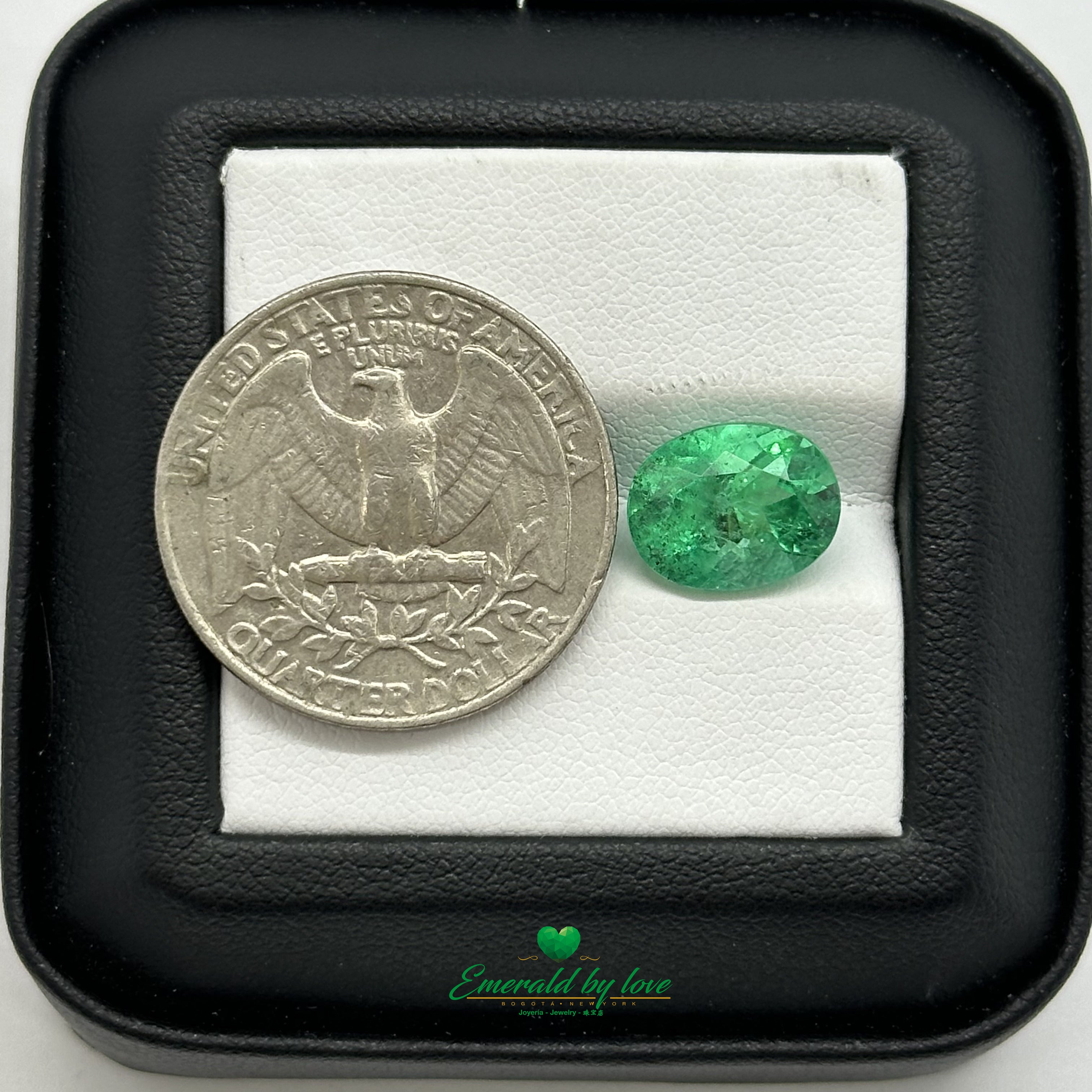 Oval-shaped 3.47 ct Colombian emerald featuring rich green tone, clear body, and visible inclusions