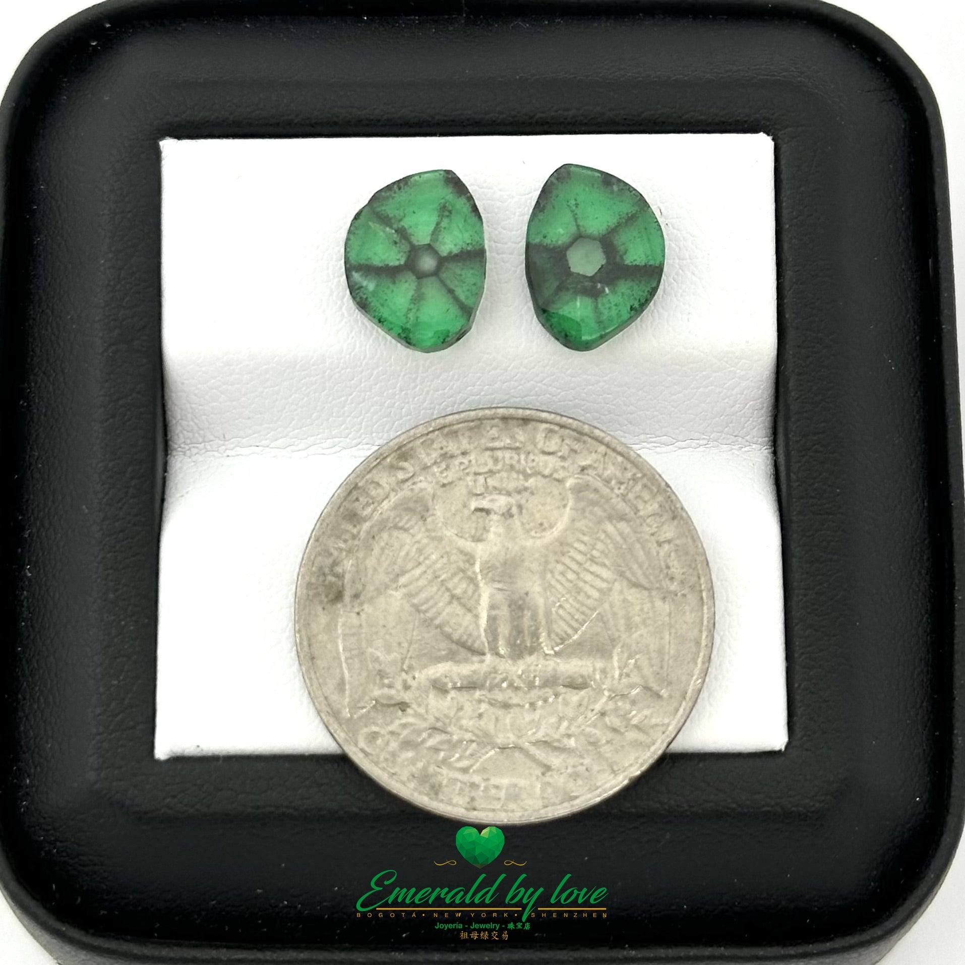 Exquisite Pair of Colombian Trapiche Emeralds – Intense Green with Natural Carbon Inclusions