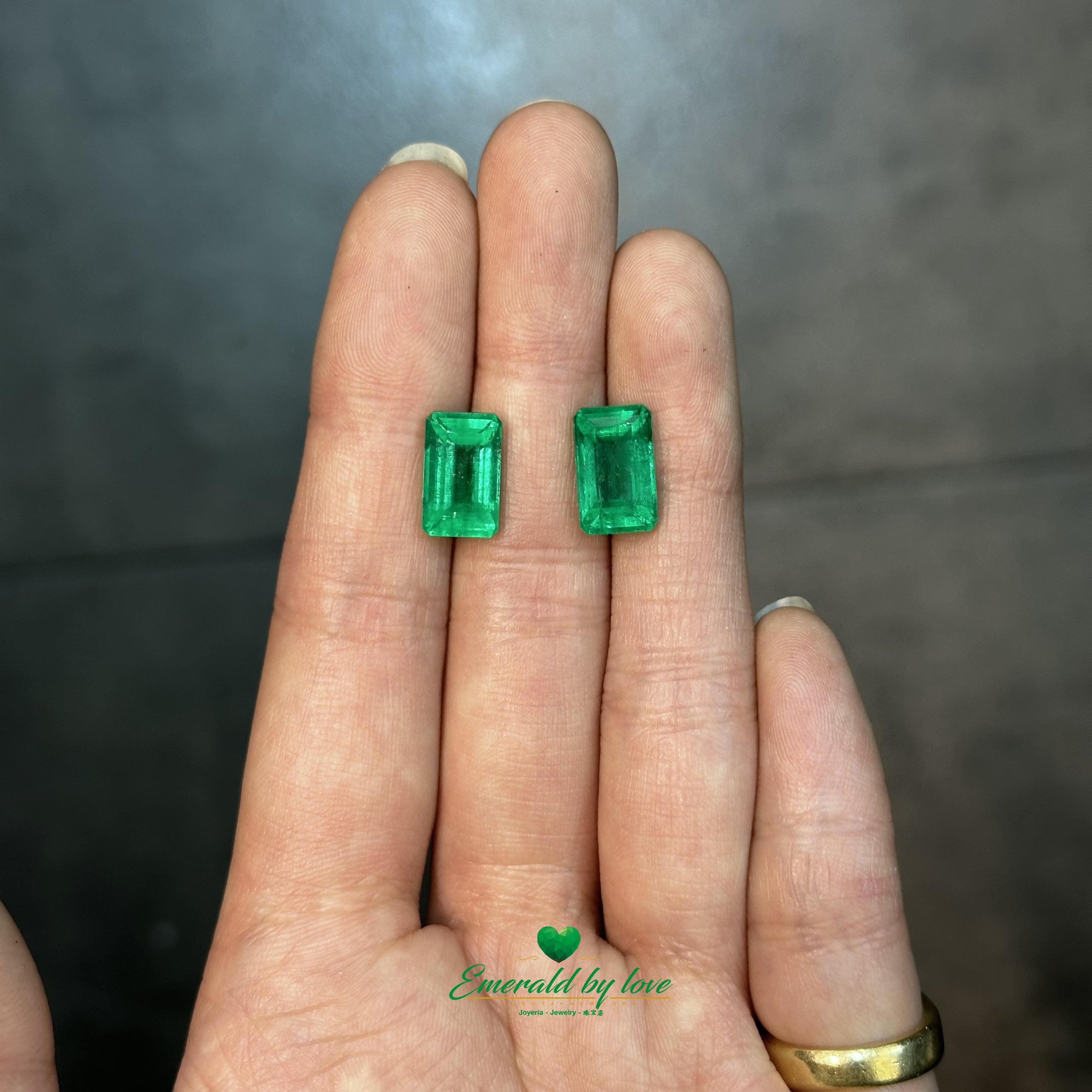 Exquisite pair of baguette-cut emeralds, 7 total carats with vivid green tone and fine proportions