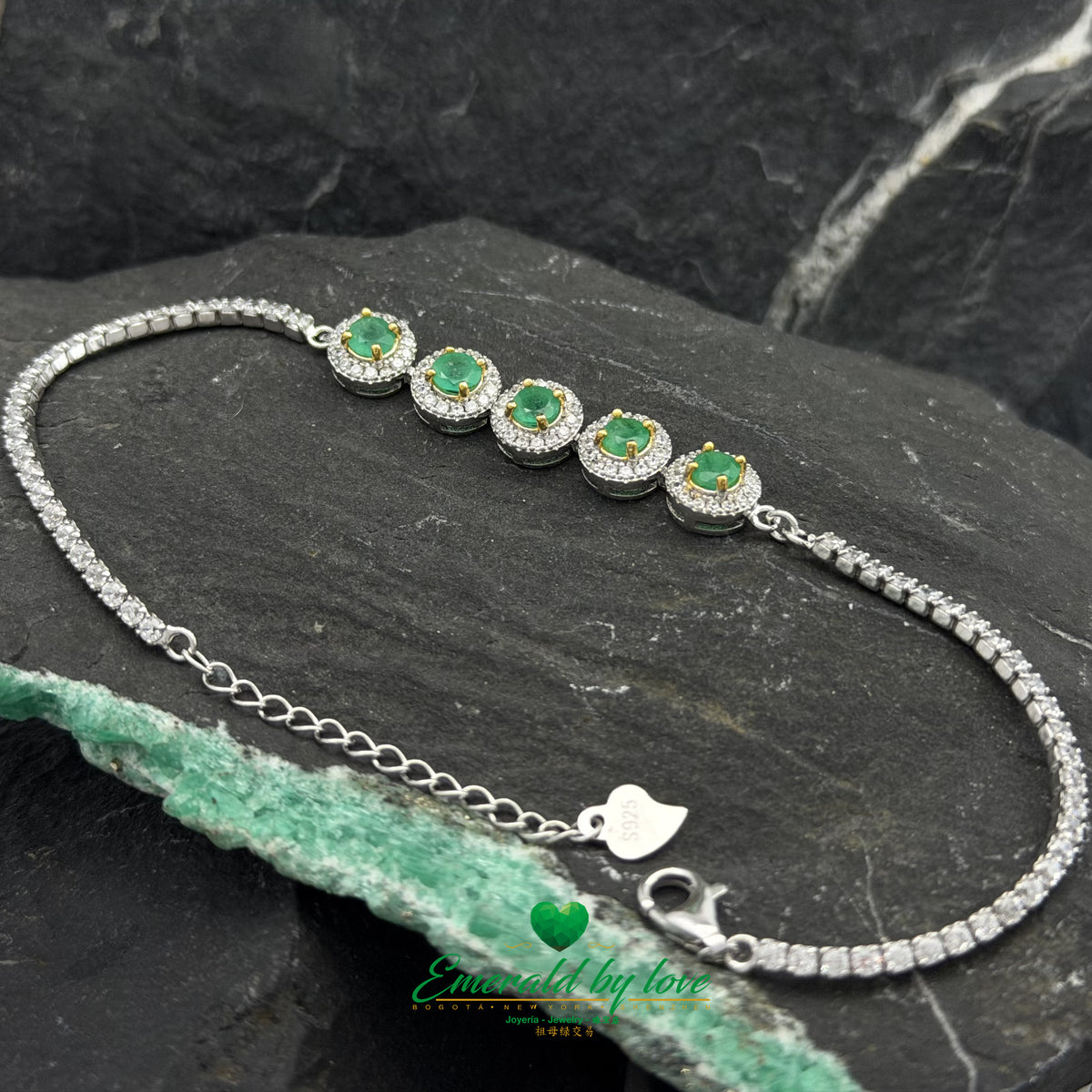 925 Silver Bracelet Featuring Five Round Settings with Colombian Emeralds