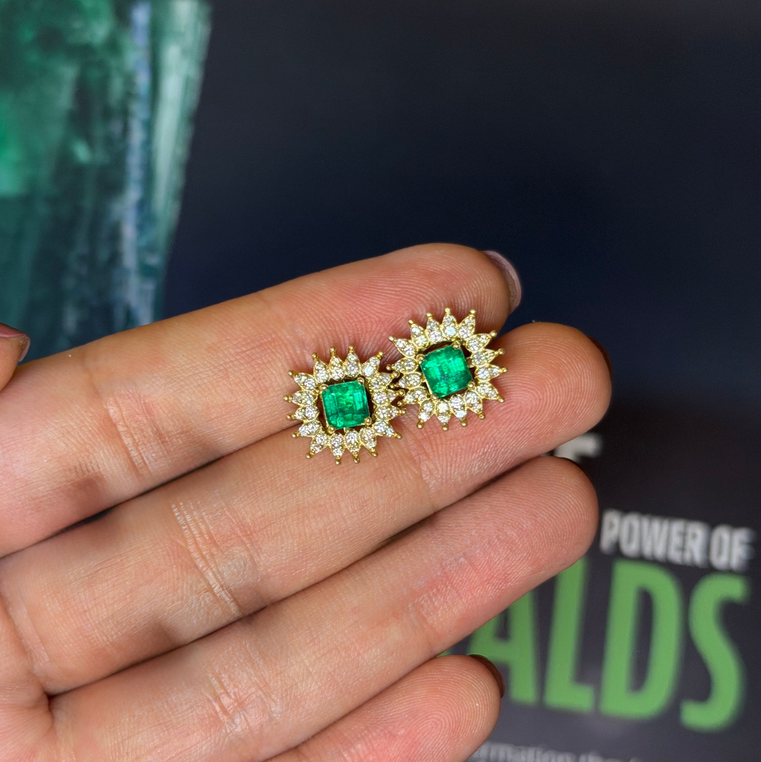 Beautiful Jacket Earrings with Diamonds and Square Colombian Emerald Center