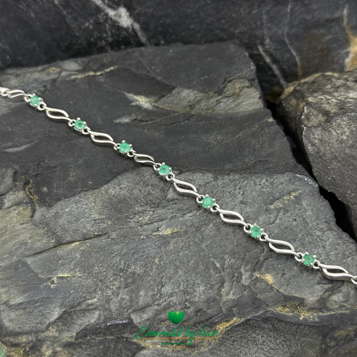 Arabesque Link Bracelet with Round Emeralds in 925 Sterling Silver