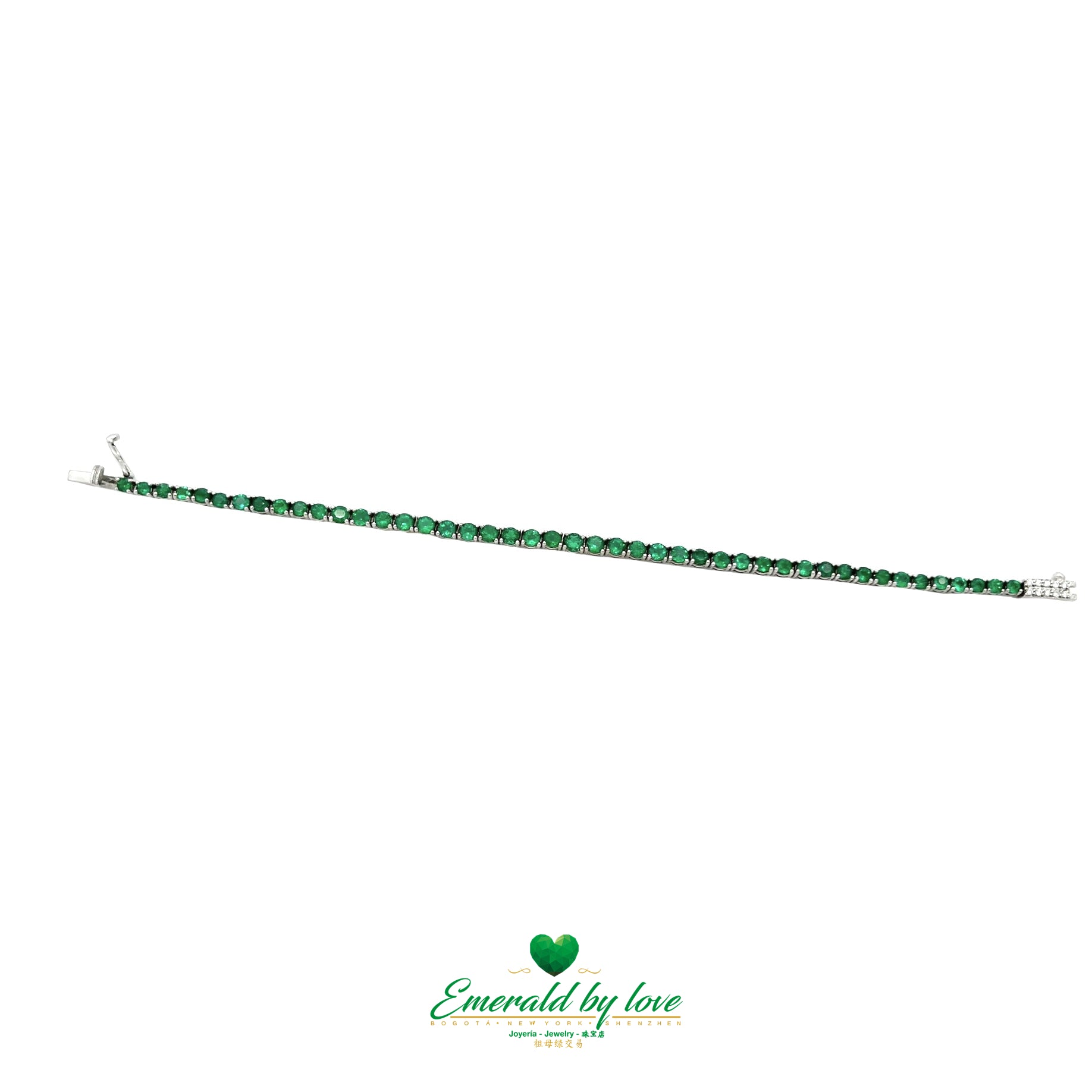 Elegant White Gold Bracelet with High-Quality Round Emeralds and Diamond Clasp