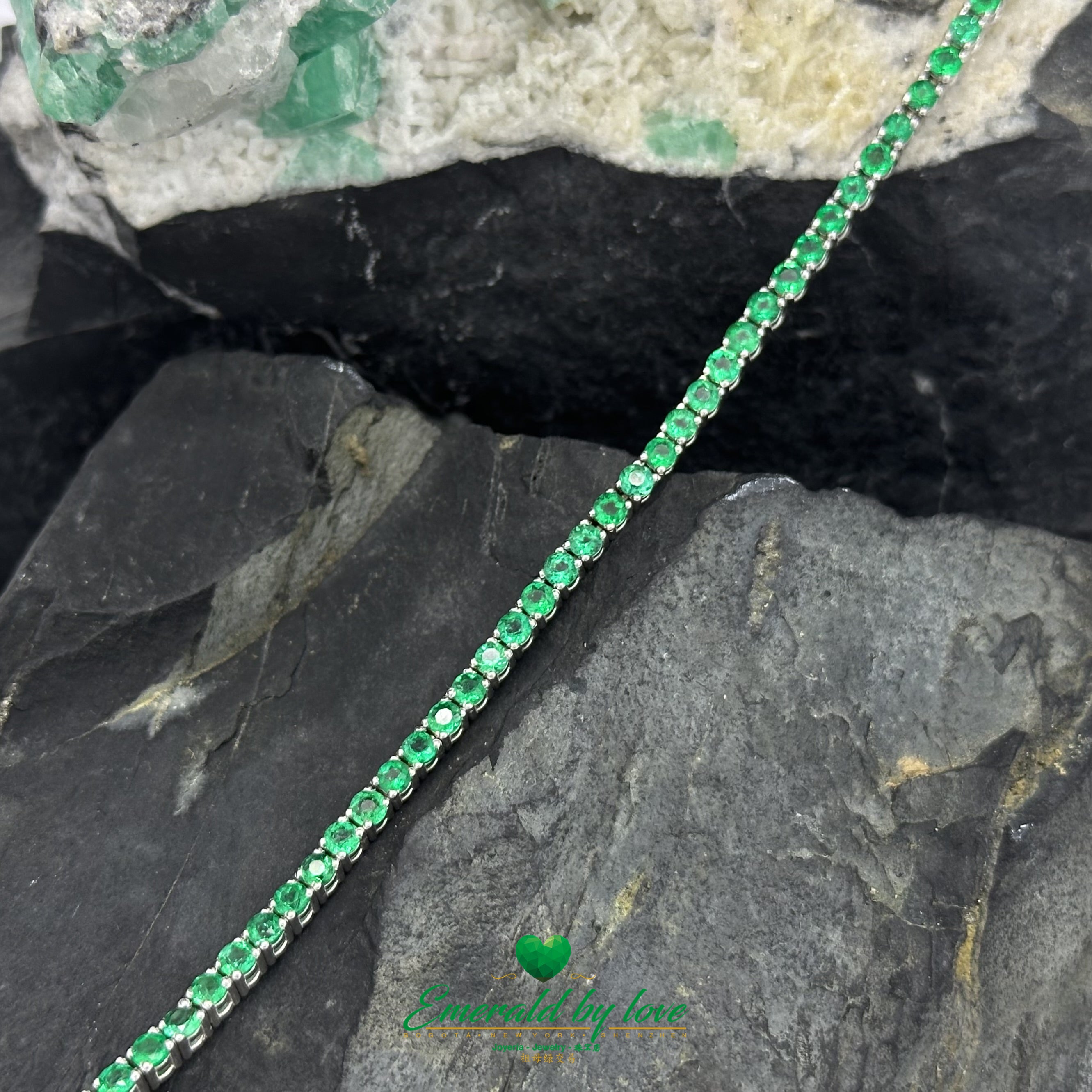 Certified Colombian Round Emerald Tennis Bracelet in White Gold