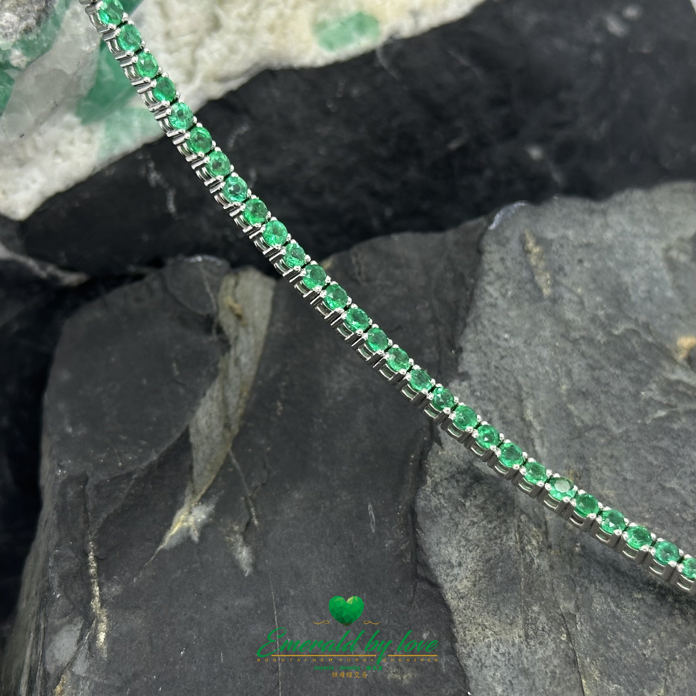 Certified Colombian Round Emerald Tennis Bracelet in White Gold