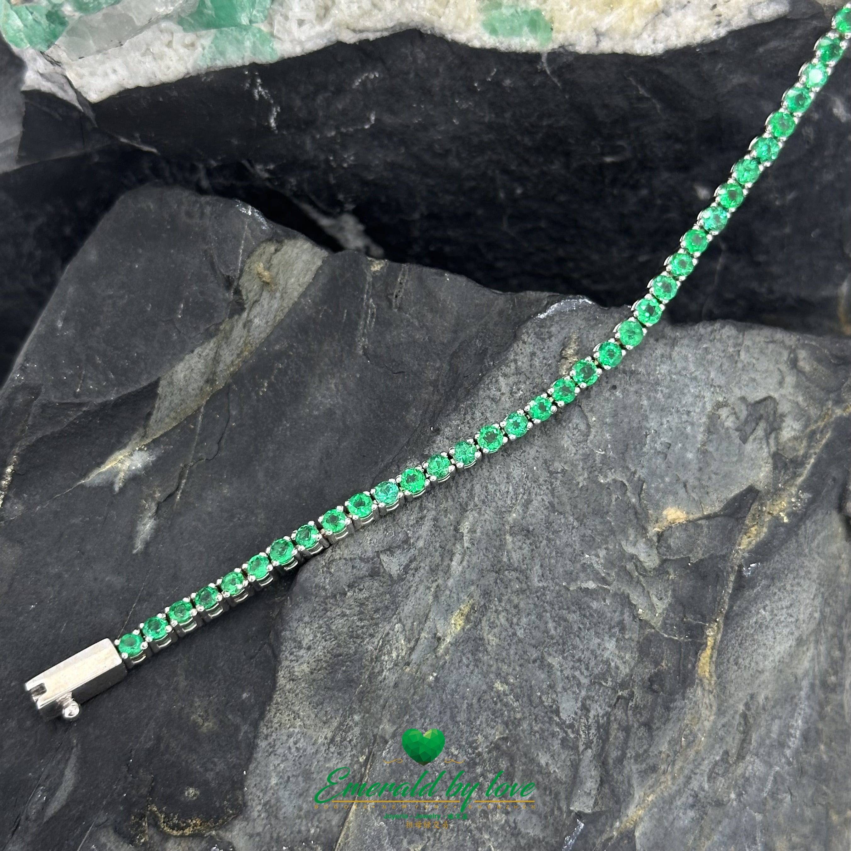 Certified Colombian Round Emerald Tennis Bracelet in White Gold