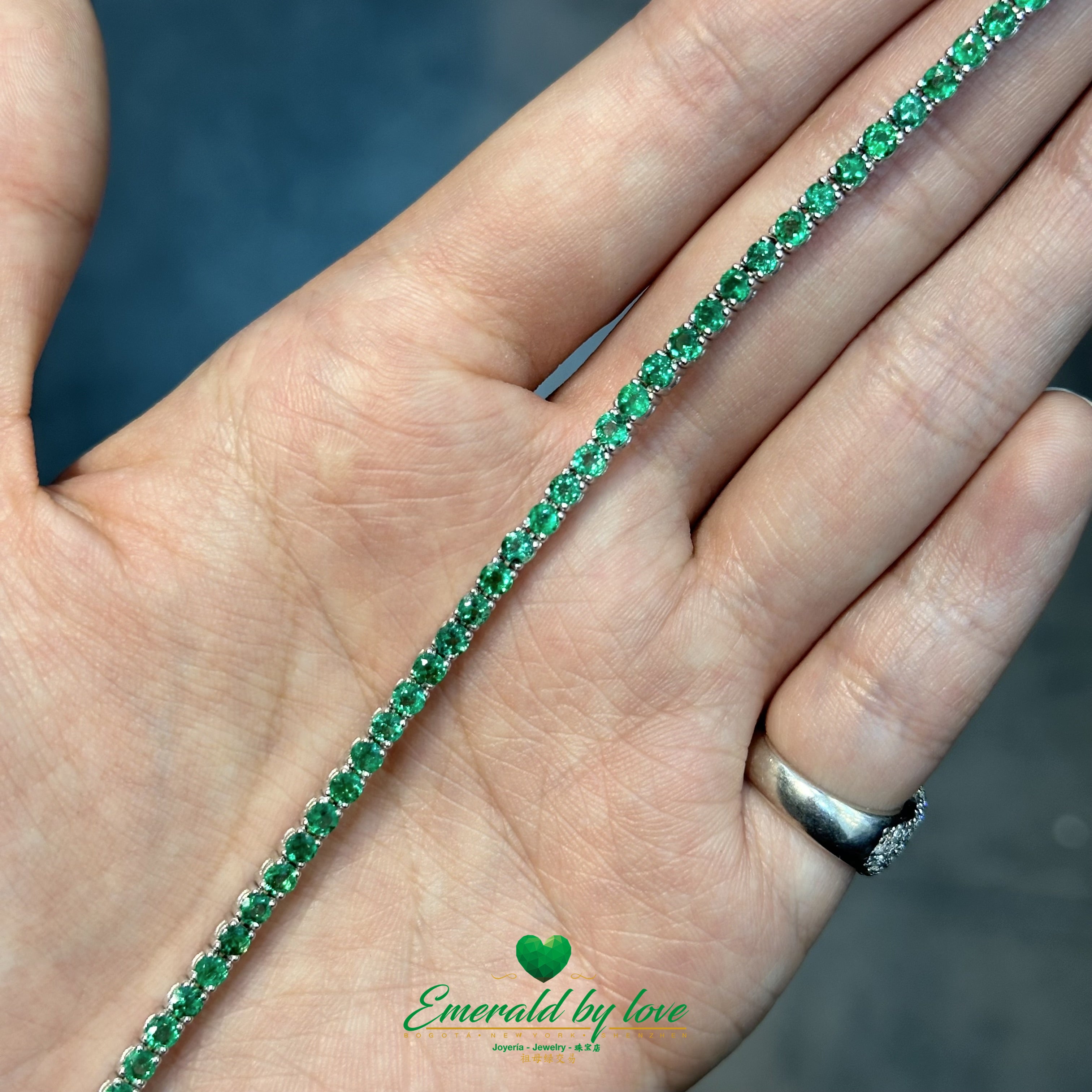 Certified Colombian Round Emerald Tennis Bracelet in White Gold