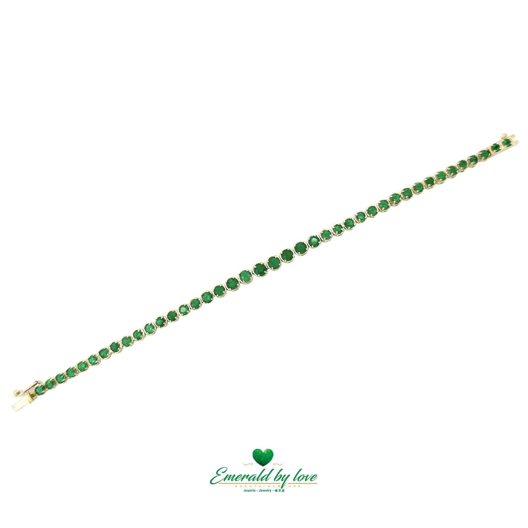 Tennis Bracelet in 18K Yellow Gold with Round Colombian Emeralds in Four-Prong Settings