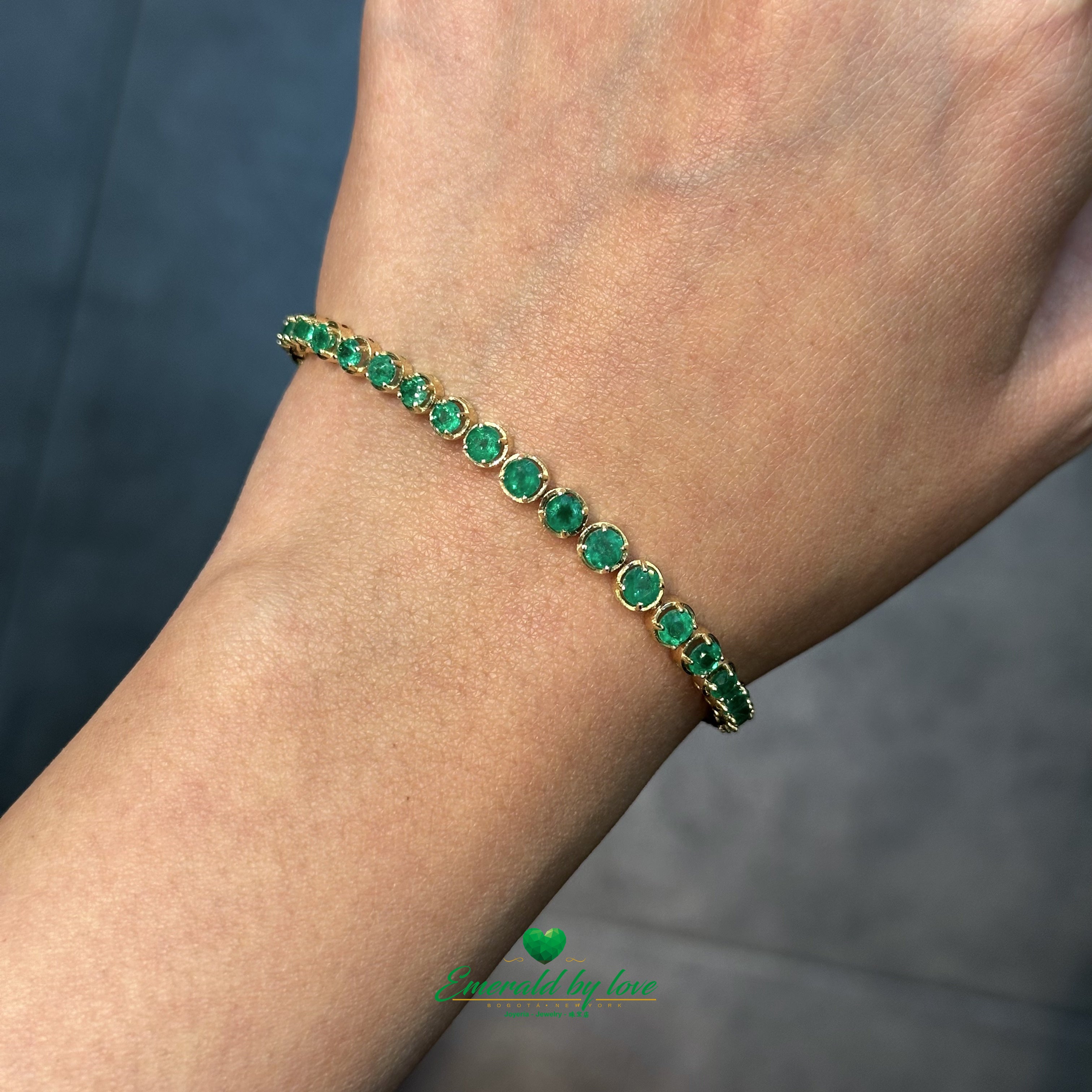 Tennis Bracelet in 18K Yellow Gold with Round Colombian Emeralds in Four-Prong Settings